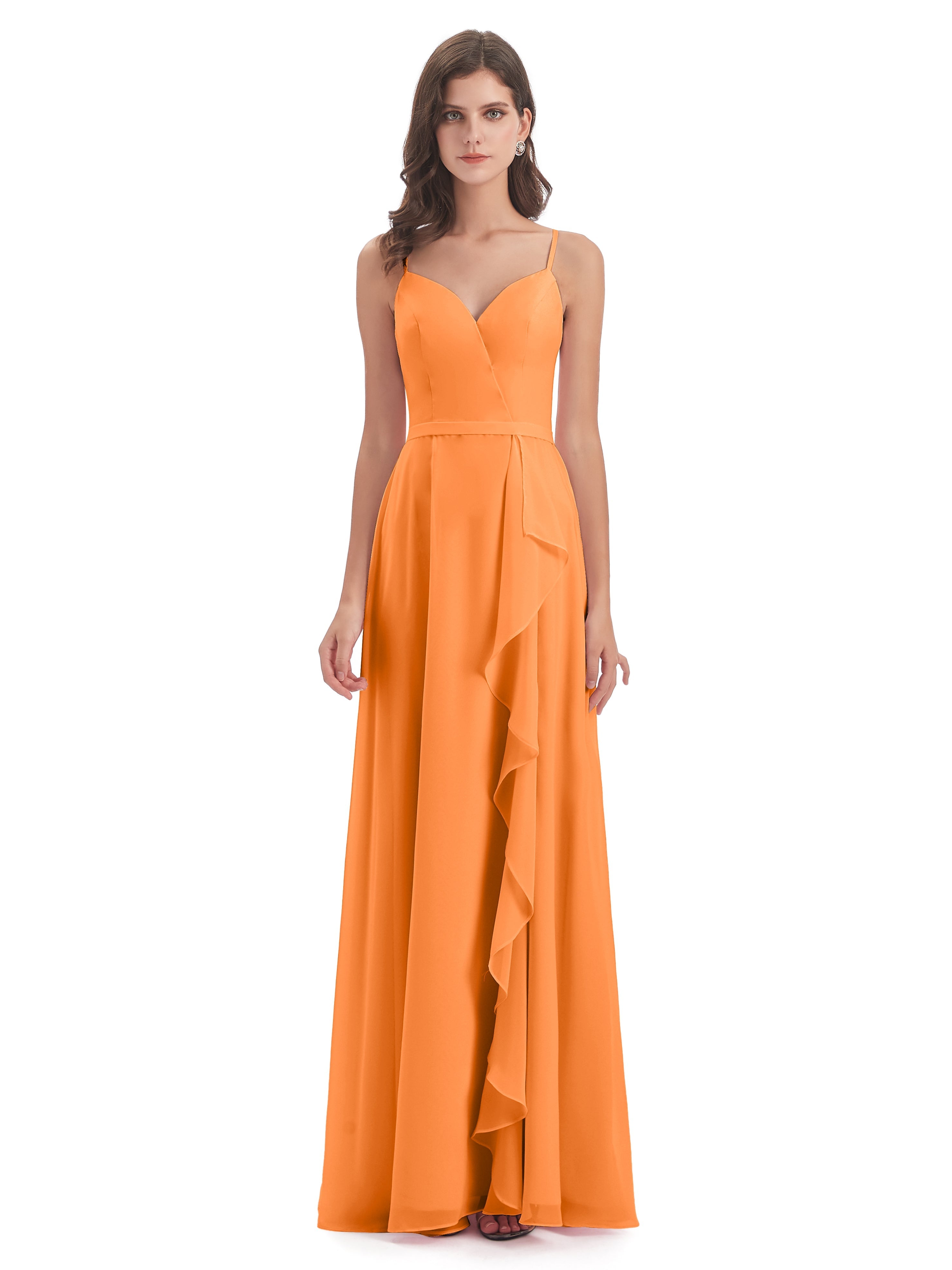 Robe De Demoiselle D Honneur Orange Fendue Devant Robes Demoiselle D'Honneur À Volants