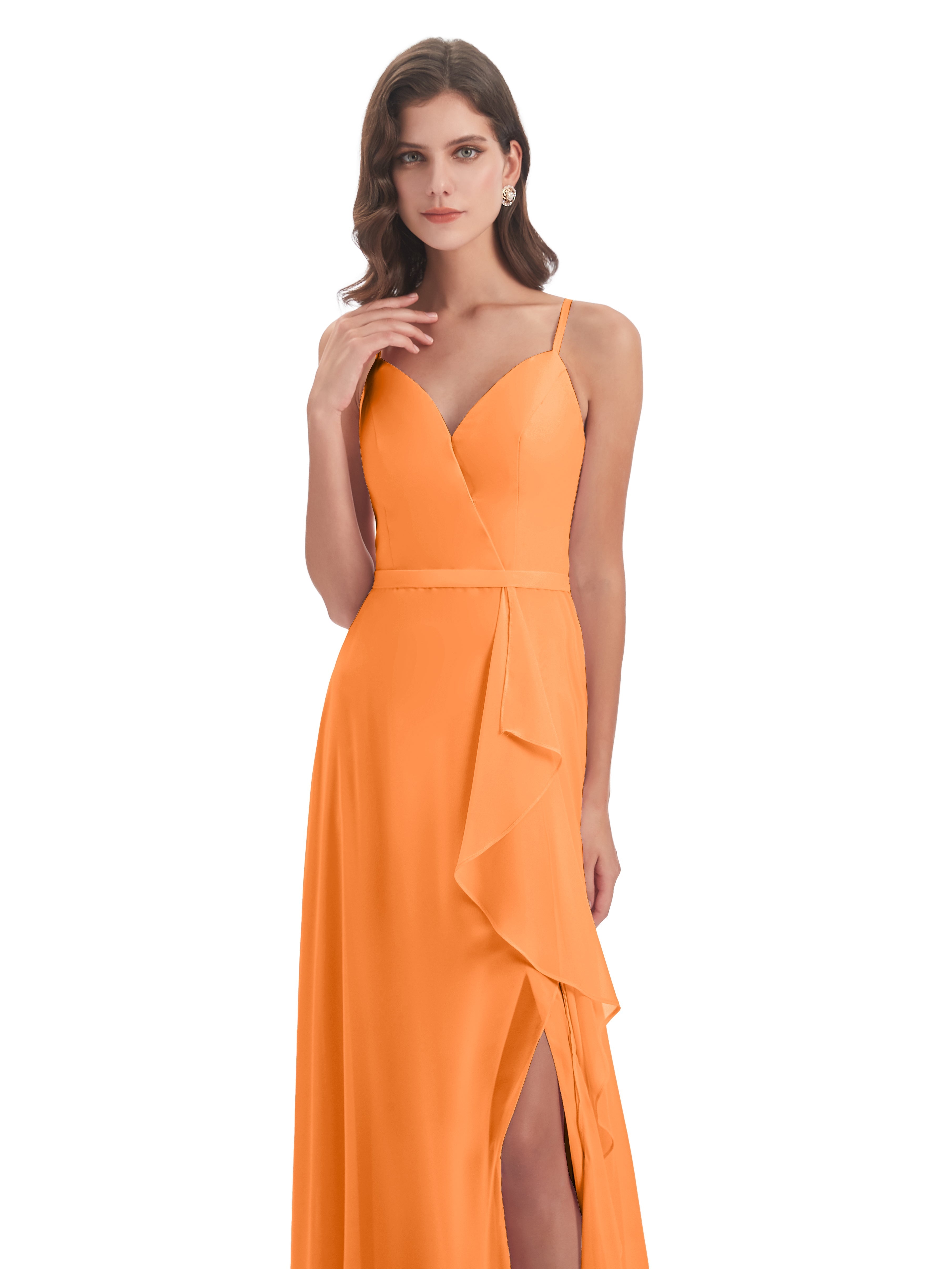 Robe De Demoiselle D Honneur Orange Fendue Devant Robes Demoiselle D'Honneur À Volants