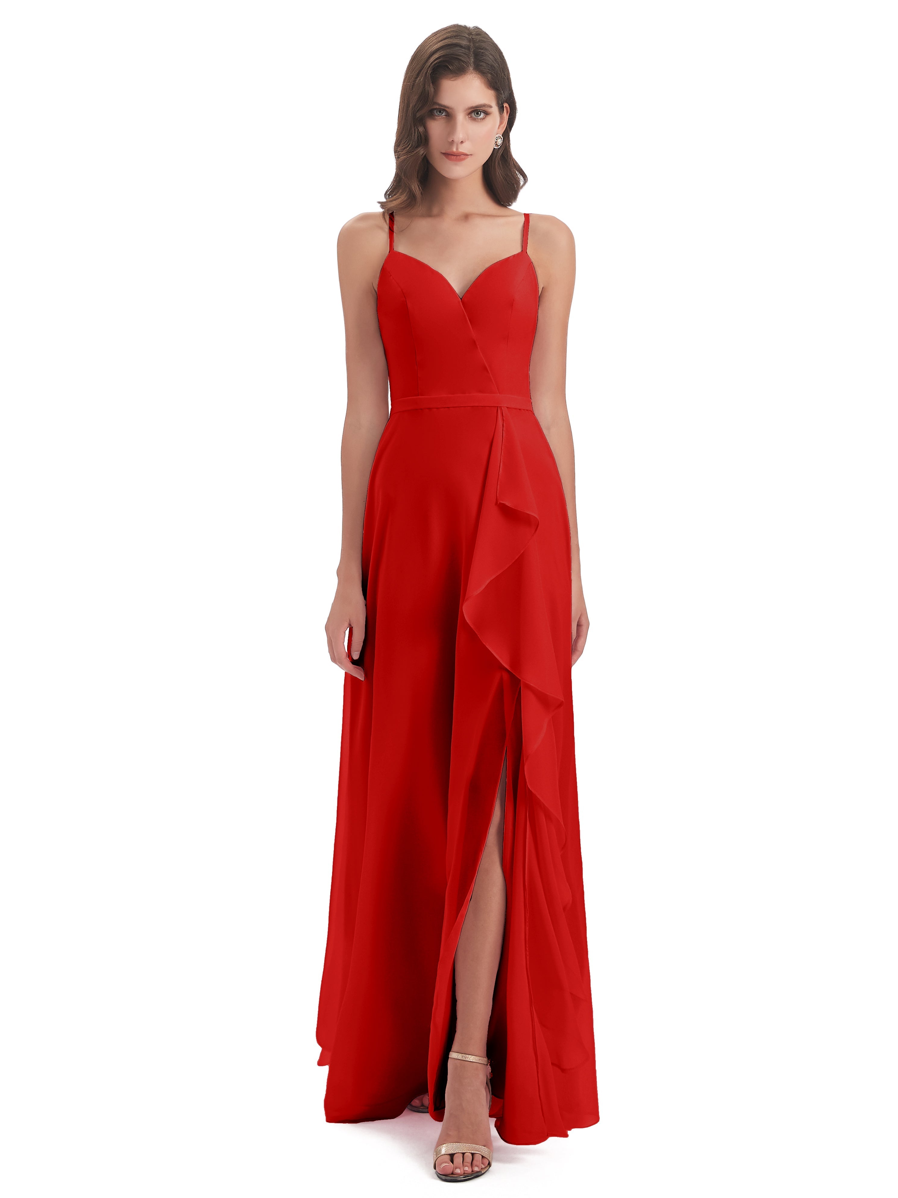 Robe Rouge Demoiselle D Honneur Fendue Devant Robes Demoiselle D'Honneur À Volants