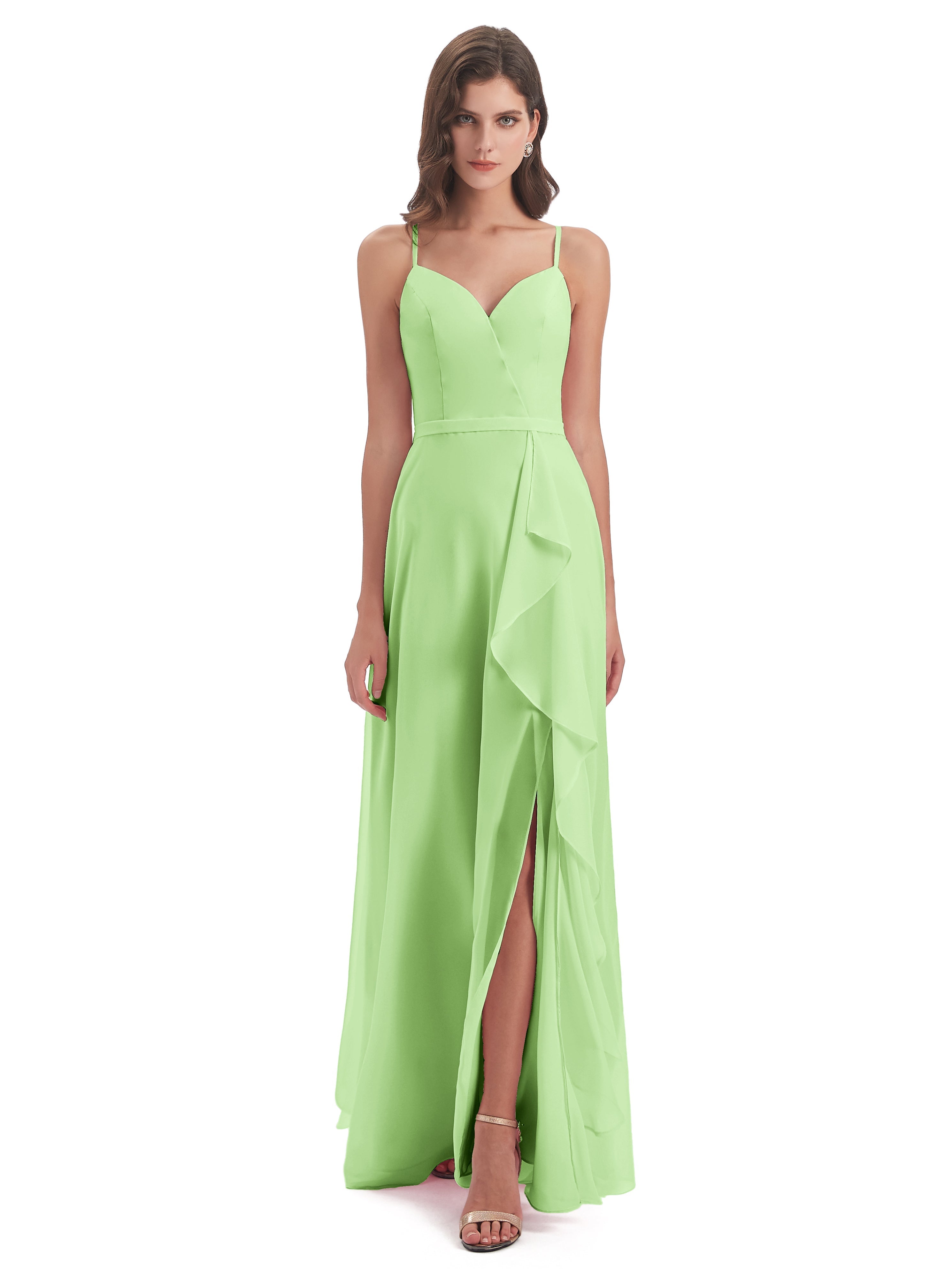 Robe De Demoiselle D Honneur Vert Sauge Fendue Devant Robes Demoiselle D'Honneur À Volants