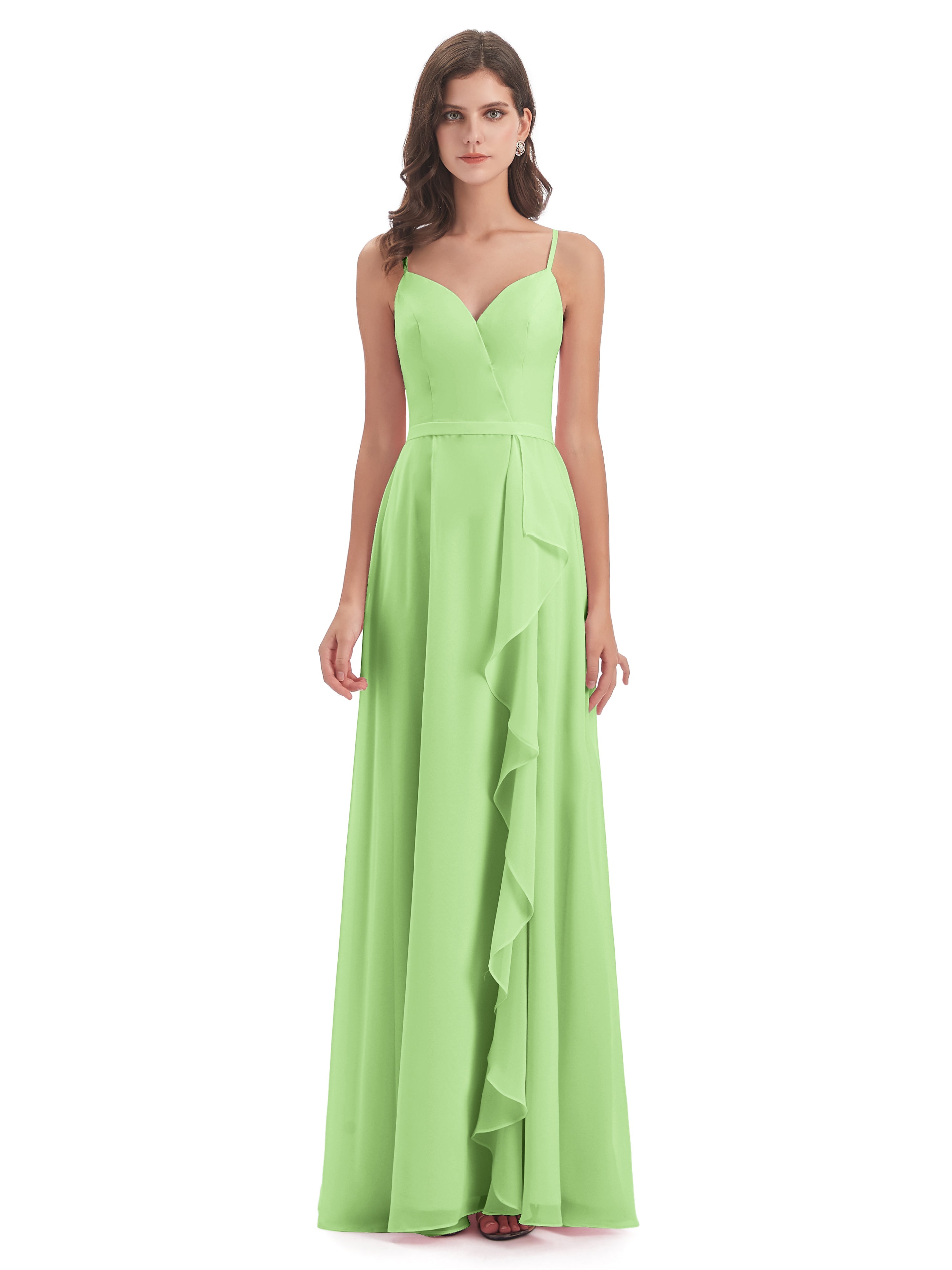 Robe De Demoiselle D Honneur Vert Sauge Fendue Devant Robes Demoiselle D'Honneur À Volants