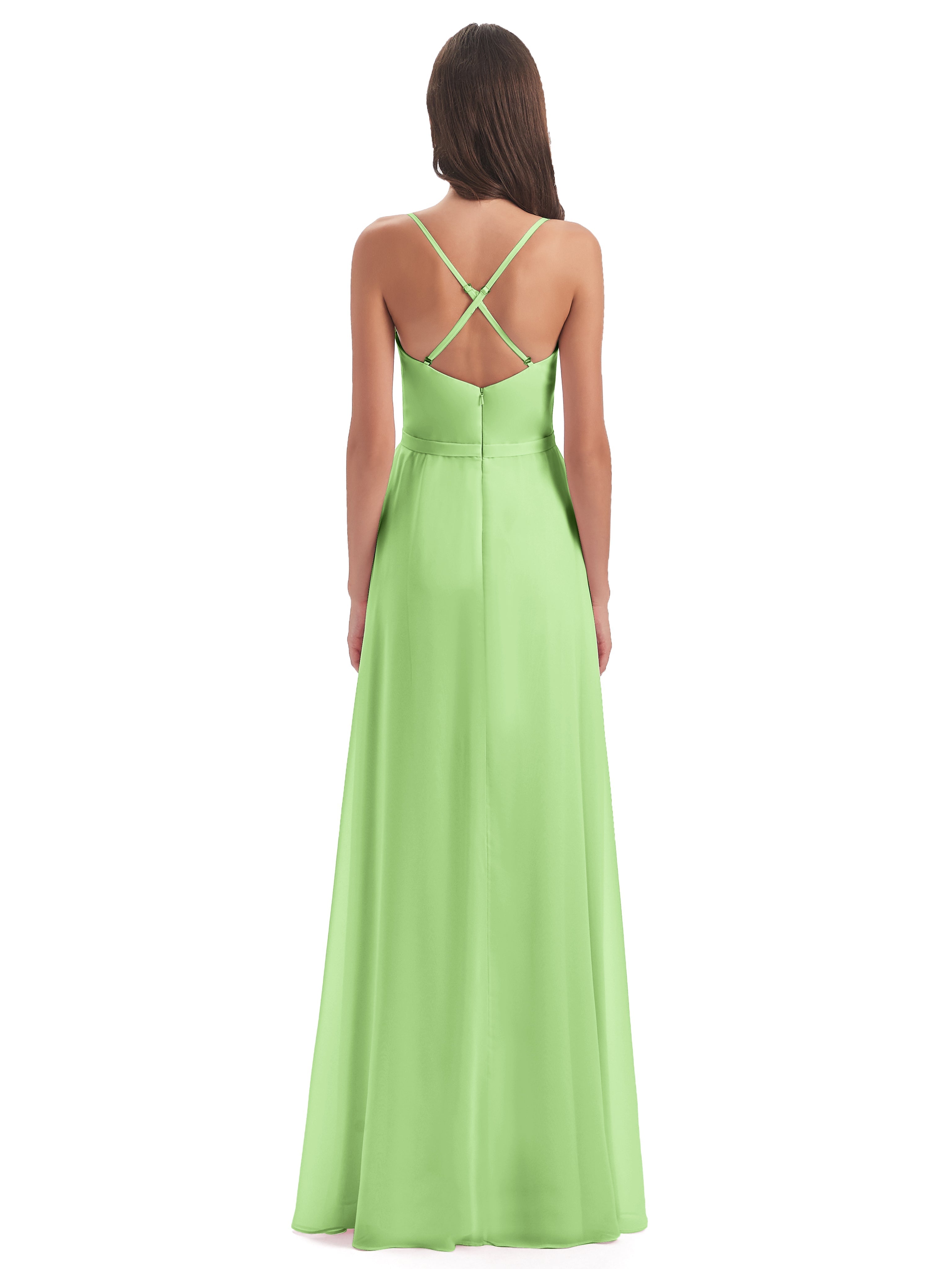 Robe De Demoiselle D Honneur Vert Sauge Fendue Devant Robes Demoiselle D'Honneur À Volants