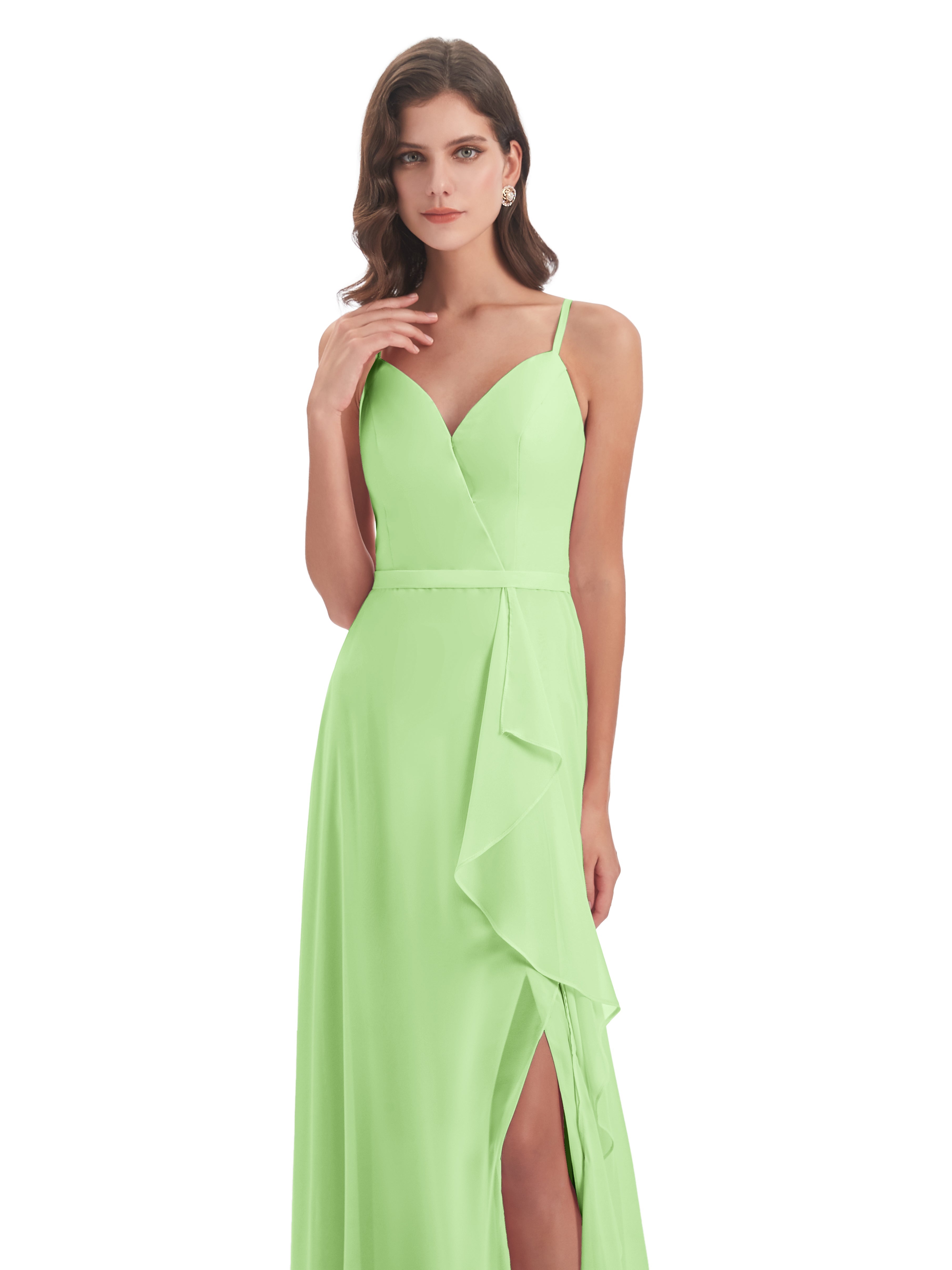 Robe De Demoiselle D Honneur Vert Sauge Fendue Devant Robes Demoiselle D'Honneur À Volants