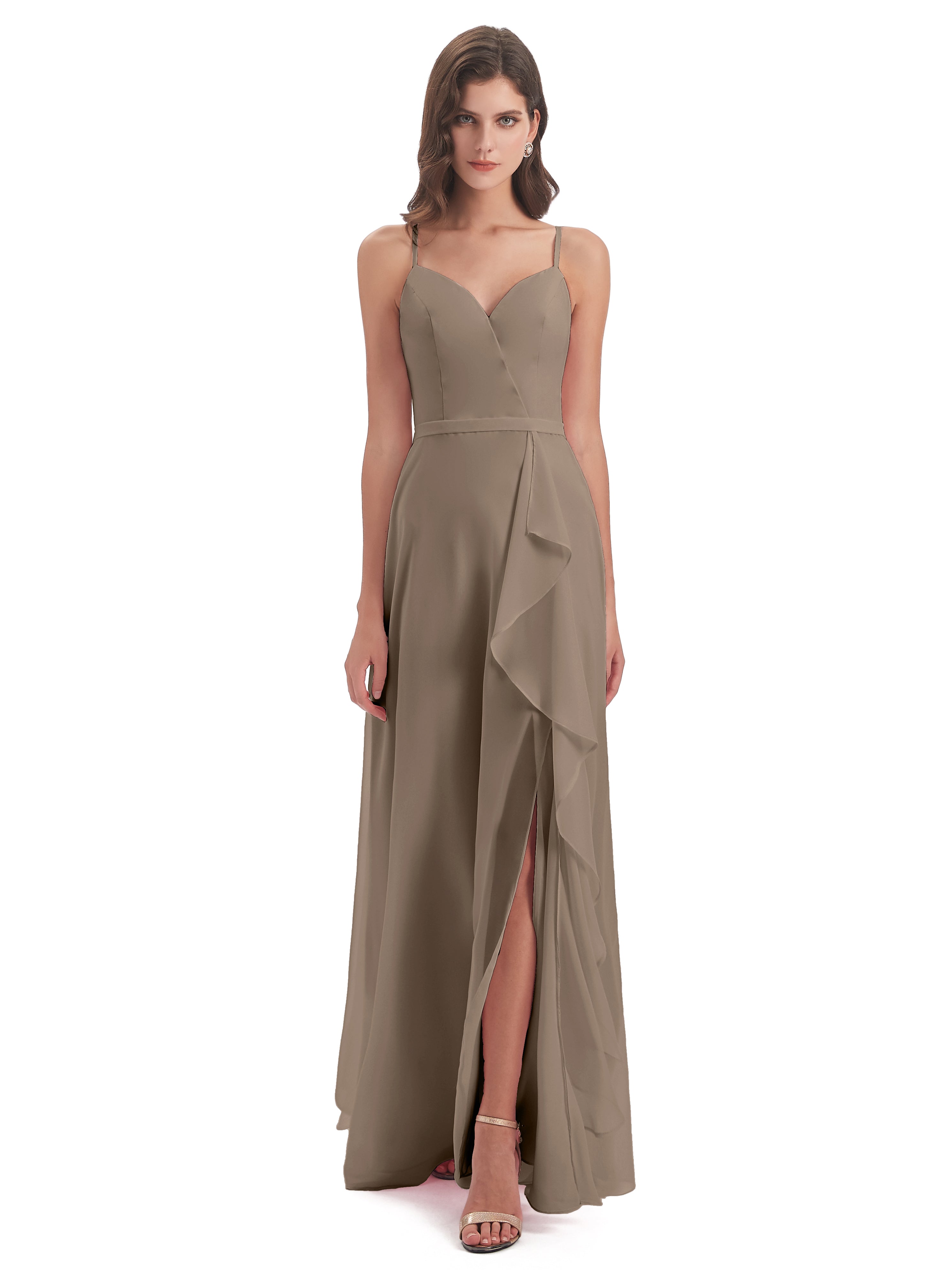 Robe Ceremonie Taupe Fendue Devant Robes Demoiselle D'Honneur À Volants