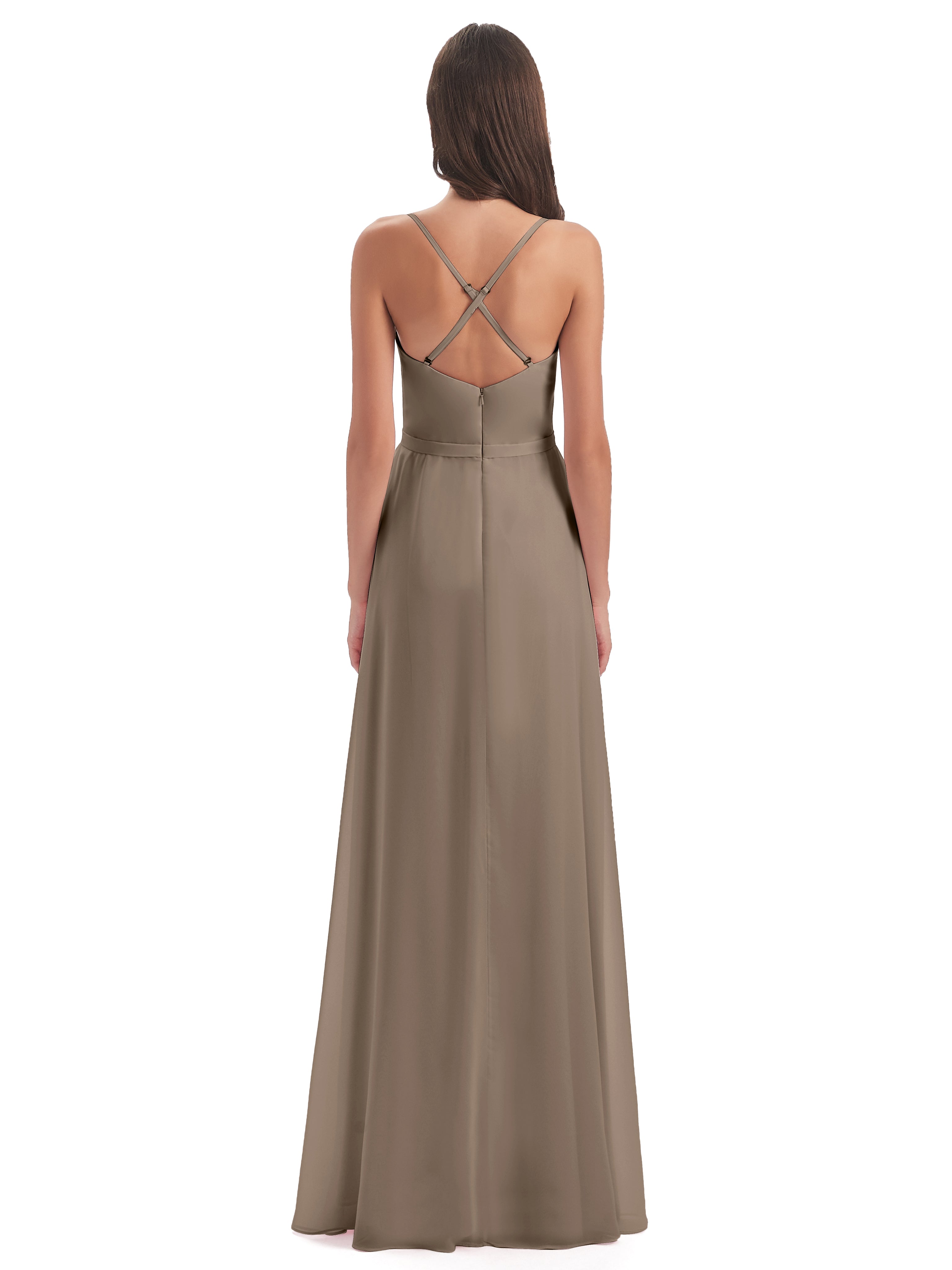 Robe Ceremonie Taupe Fendue Devant Robes Demoiselle D'Honneur À Volants