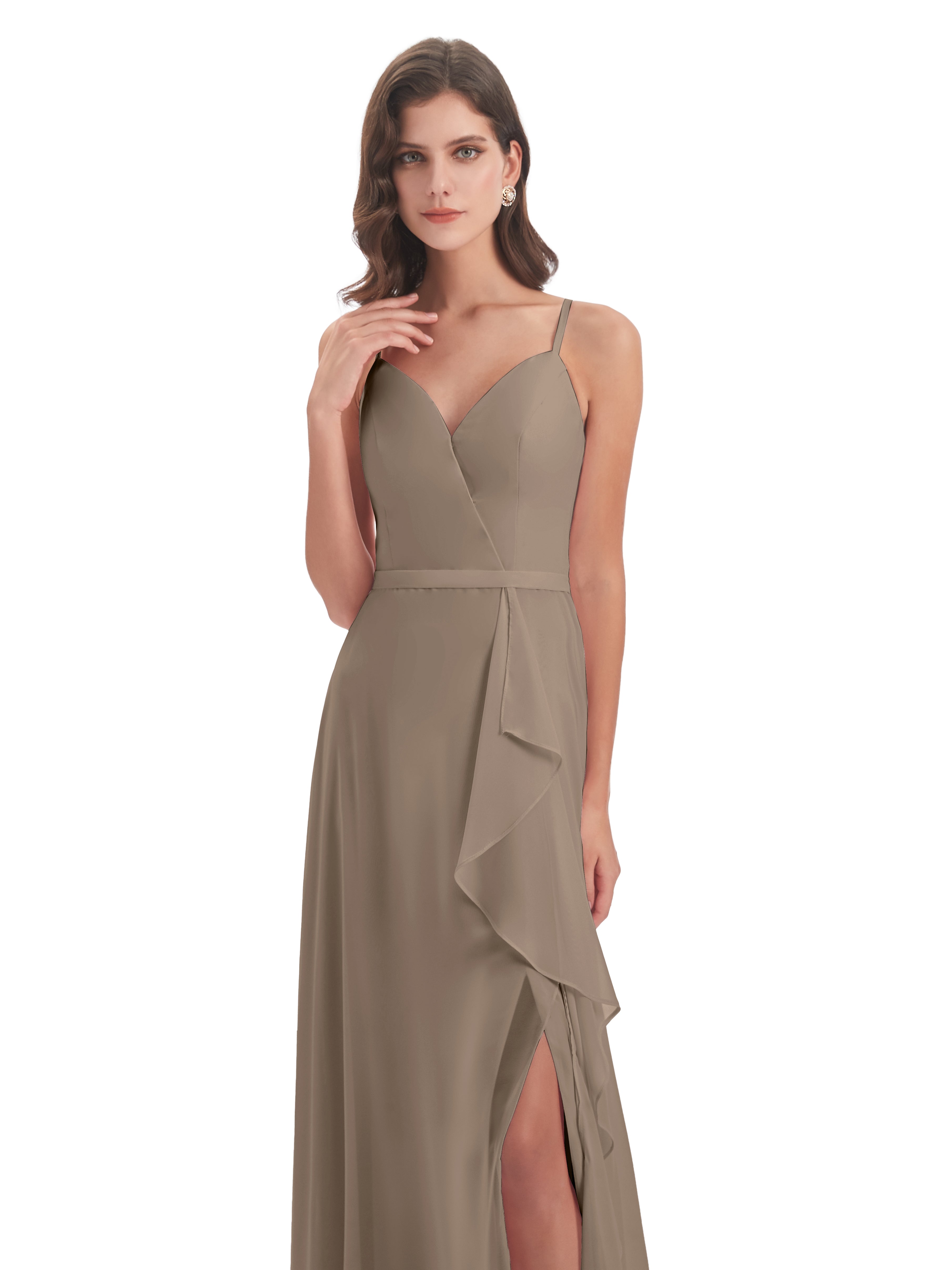 Robe Ceremonie Taupe Fendue Devant Robes Demoiselle D'Honneur À Volants