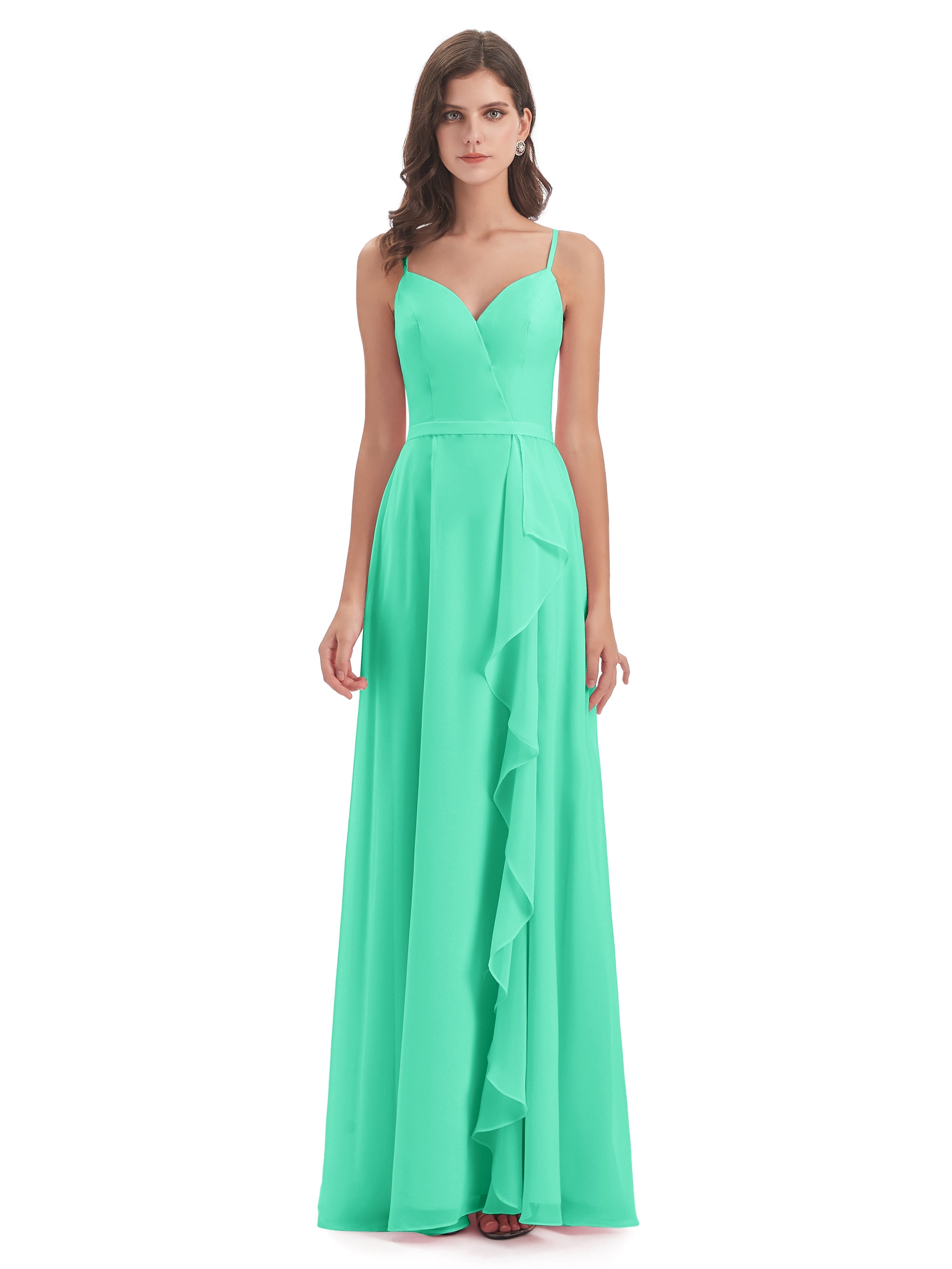 Robes De Demoiselle D'Honneur Bleu Turquoise Fendue Devant Robes Demoiselle D'Honneur À Volants