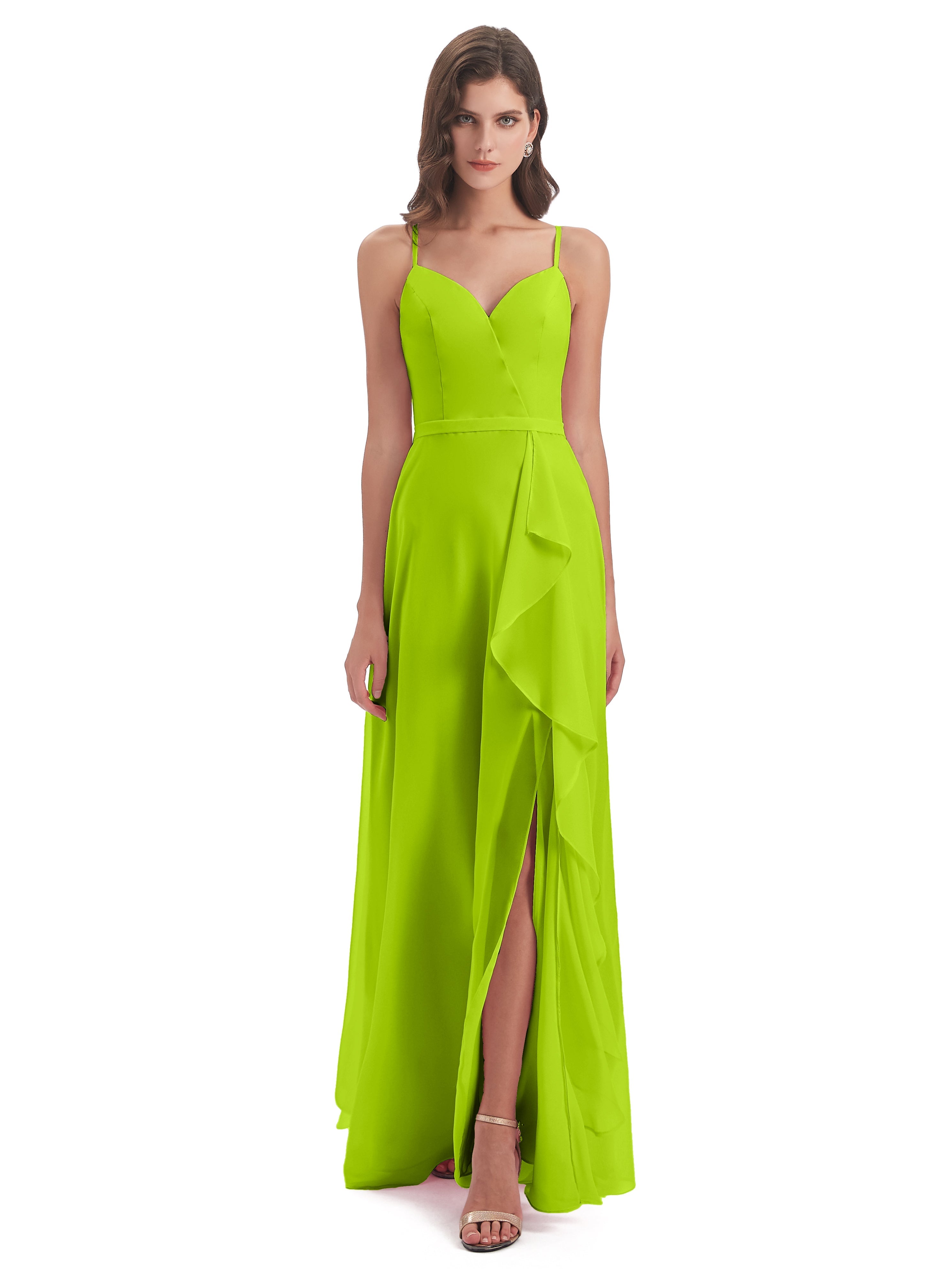 Robes De Demoiselle D'Honneur Vert Citron Fendue Devant Robes Demoiselle D'Honneur À Volants