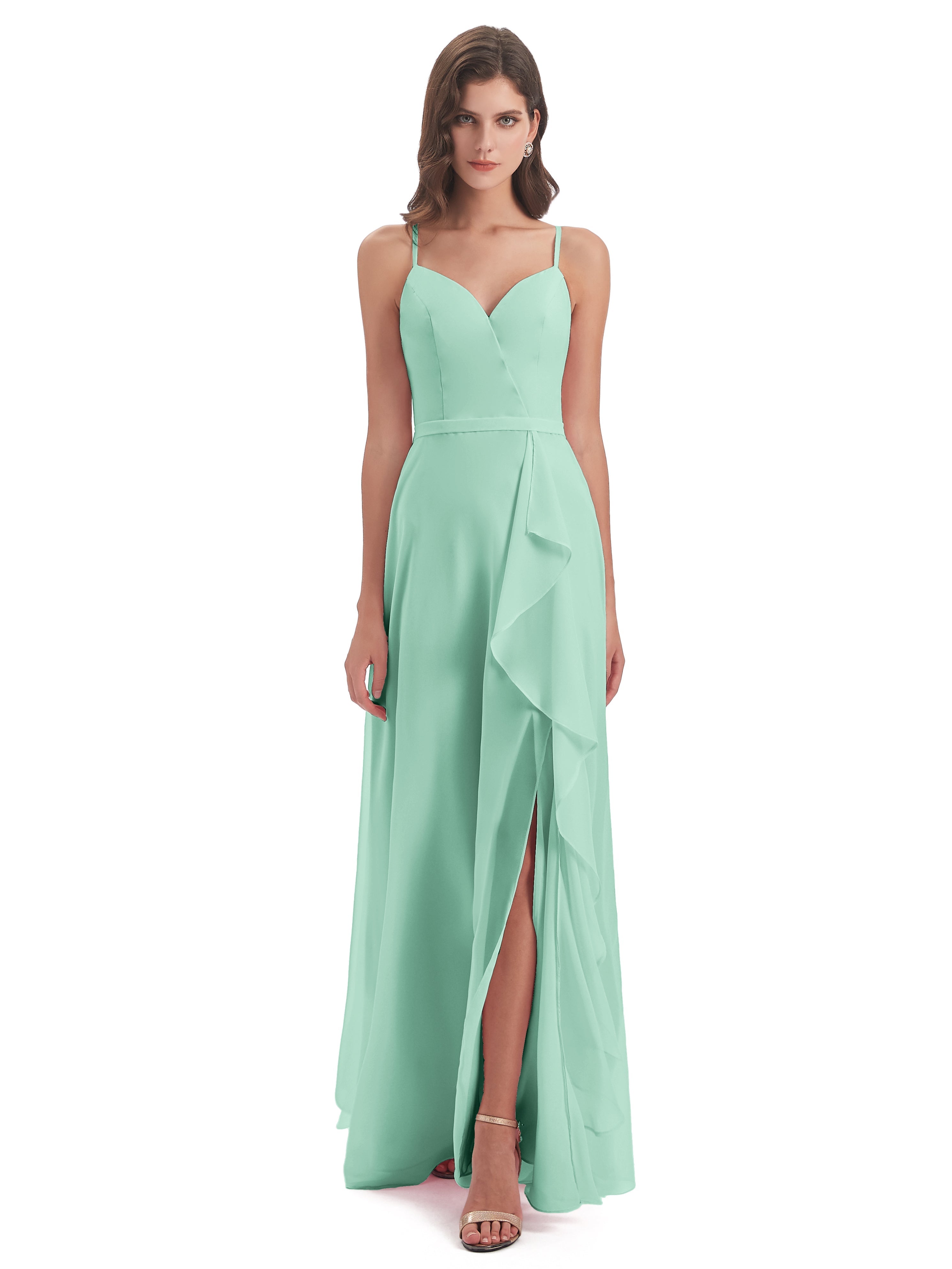 Robes De Demoiselle D'Honneur Vert Menthe Fendue Devant Robes Demoiselle D'Honneur À Volants