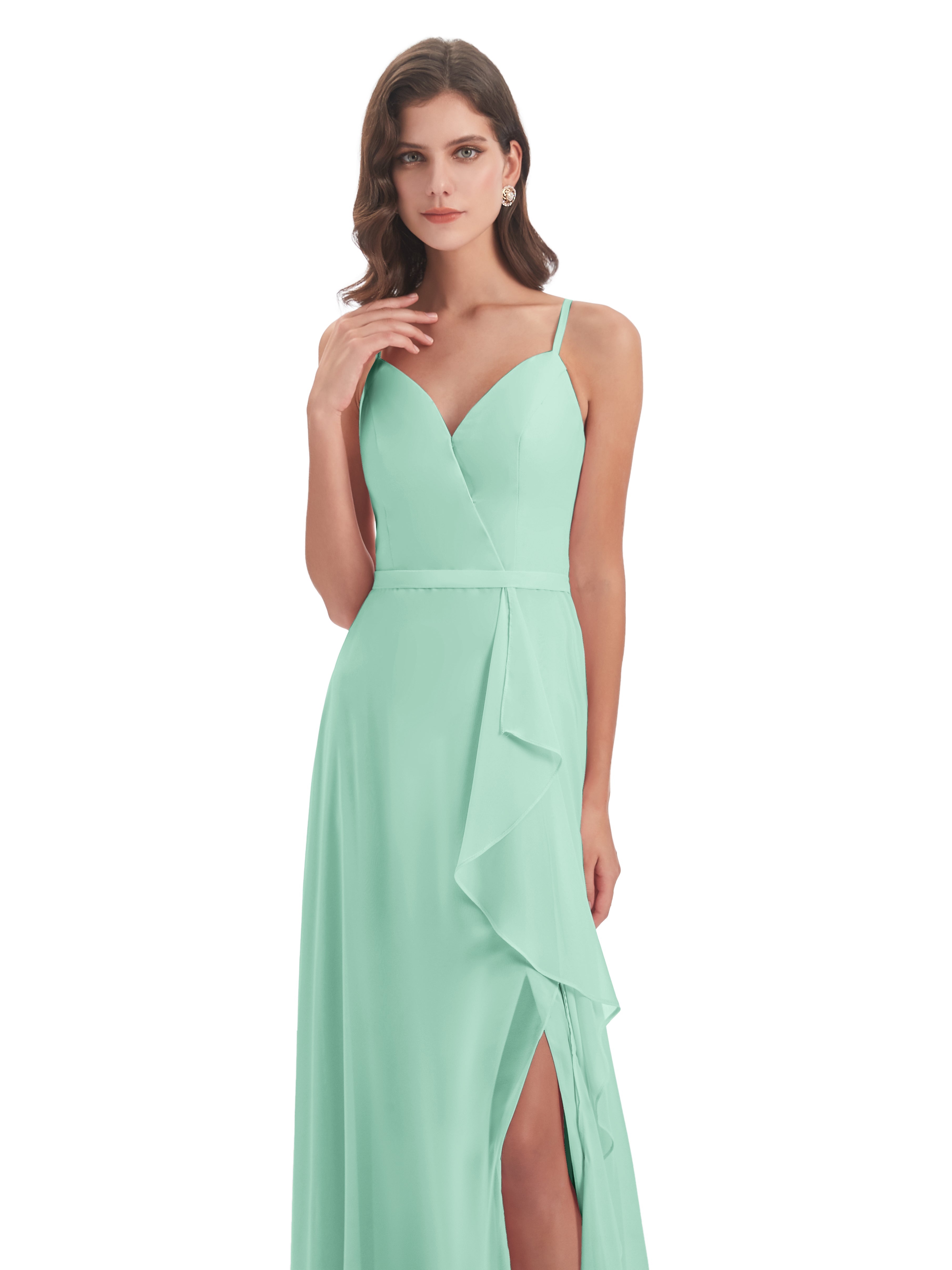 Robes De Demoiselle D'Honneur Vert Menthe Fendue Devant Robes Demoiselle D'Honneur À Volants