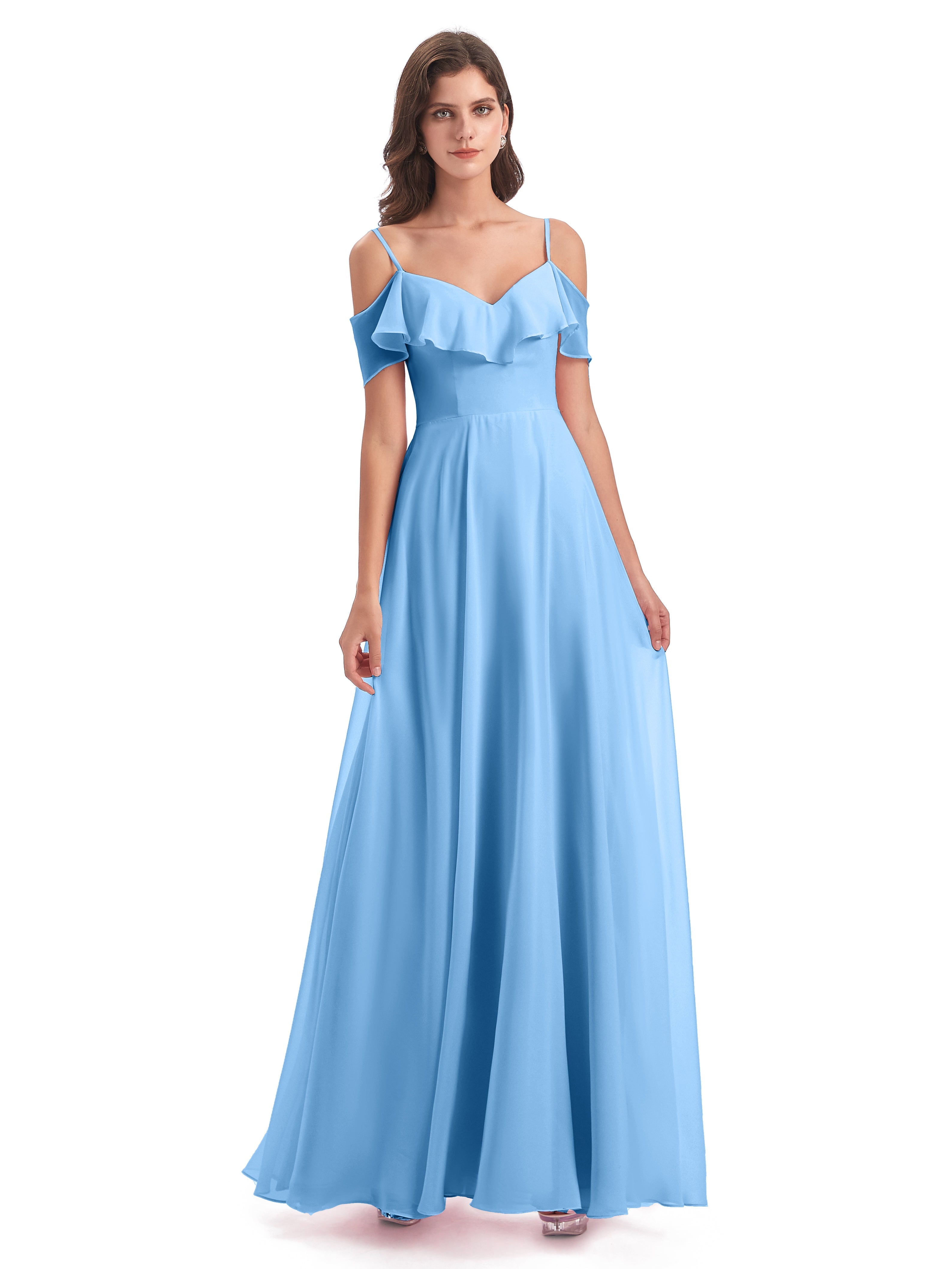 Robe Demoiselle D Honneur Bleu Trapèze Bretelles Spaghetti Longue Robes Demoiselle D'Honneur