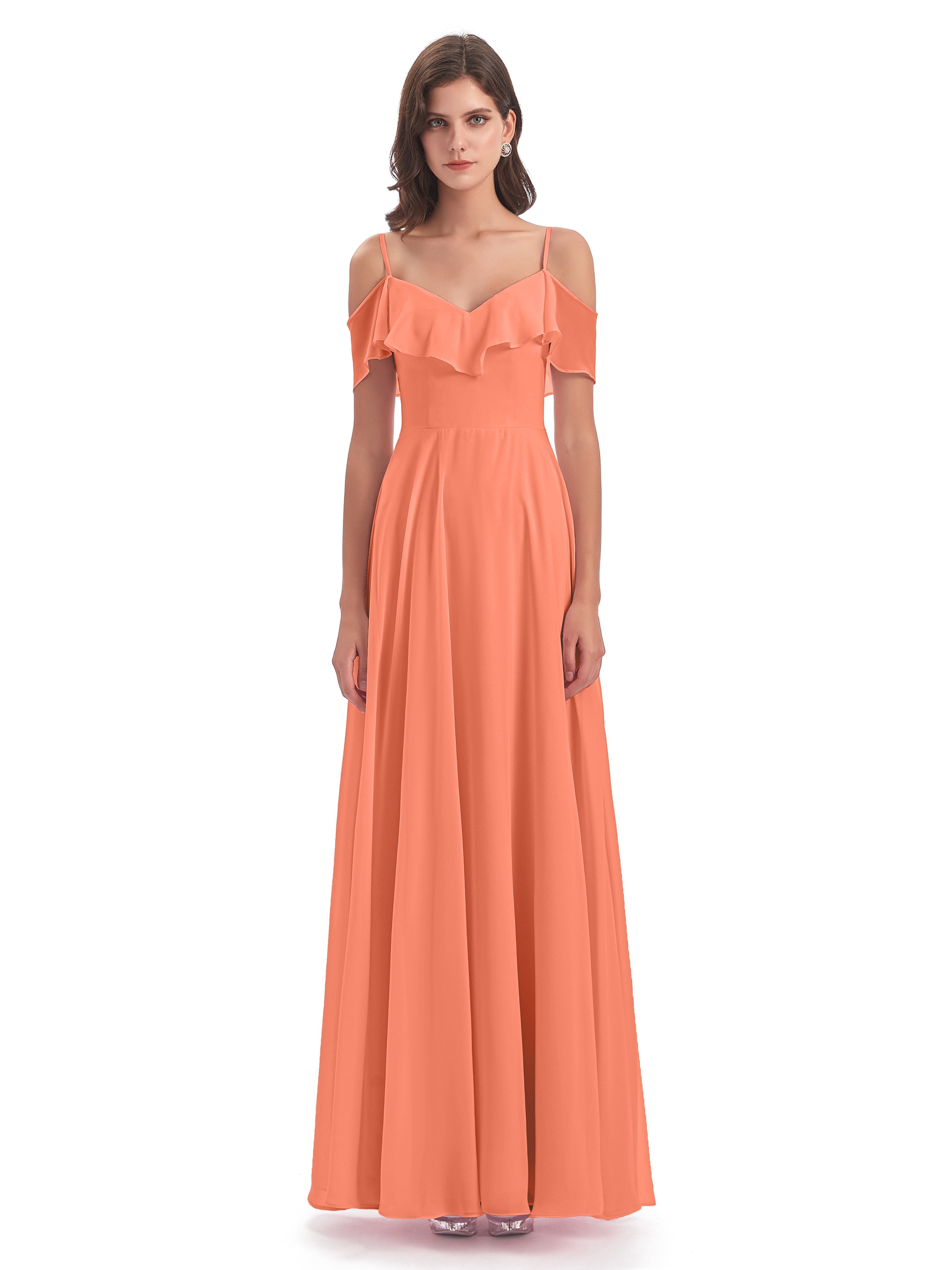 Robes De Demoiselle D'Honneur Coucher De Soleil Trapèze Bretelles Spaghetti Longue Robes Demoiselle D'Honneur