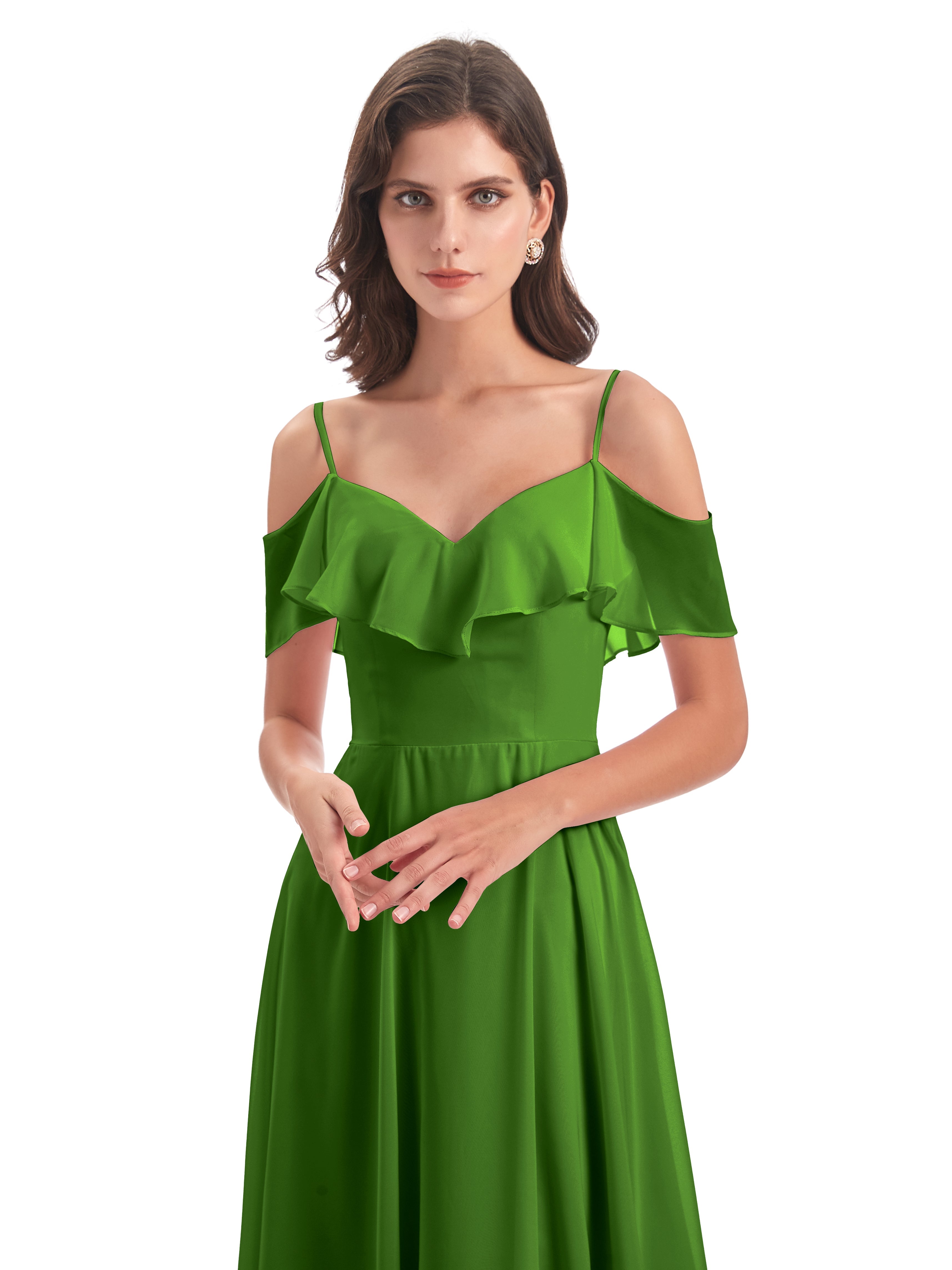 Robes De Demoiselle D'Honneur Vert Mousse Trapèze Bretelles Spaghetti Longue Robes Demoiselle D'Honneur