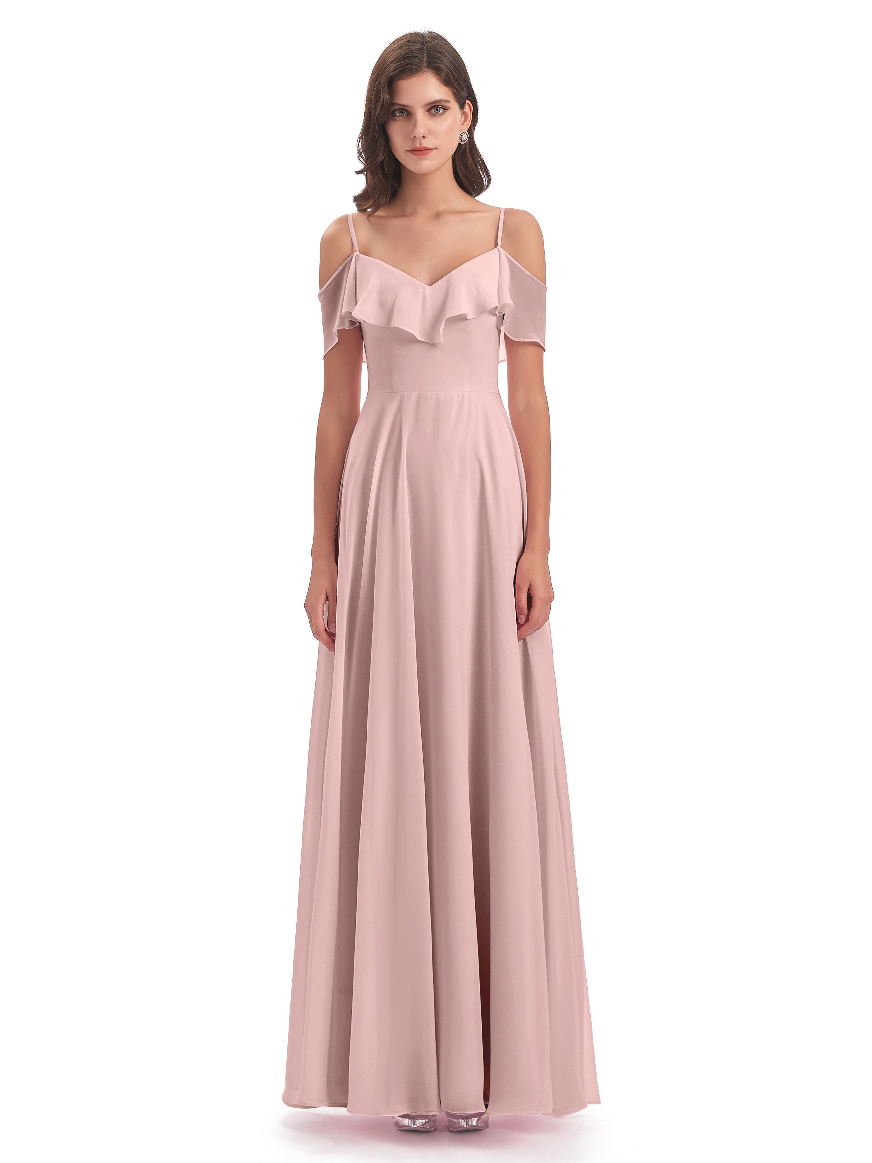 Robes De Demoiselle D'Honneur Rose Poussiéreux Trapèze Bretelles Spaghetti Longue Robes Demoiselle D'Honneur