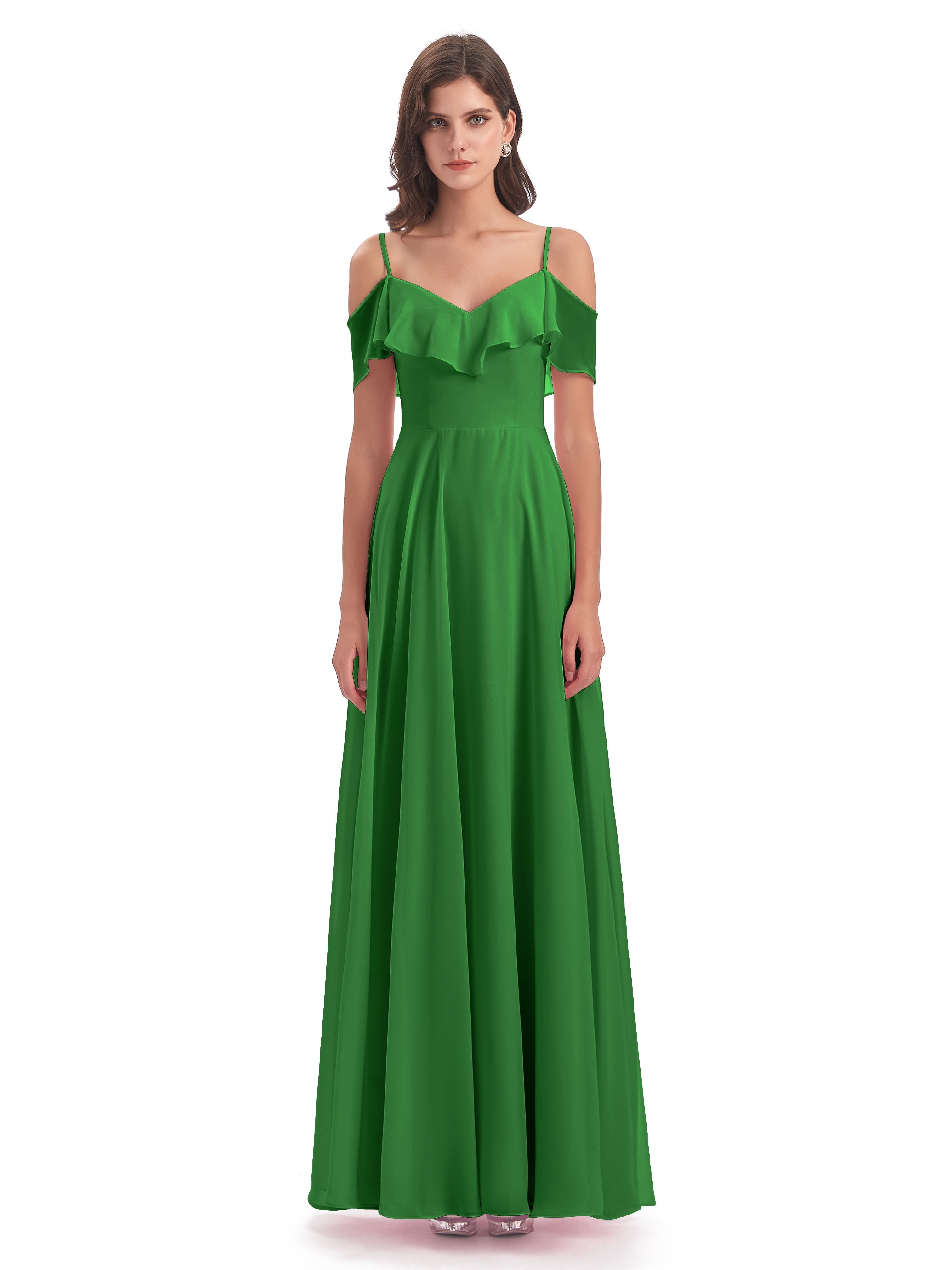 Robes De Demoiselle D'Honneur Vert Forêt Trapèze Bretelles Spaghetti Longue Robes Demoiselle D'Honneur