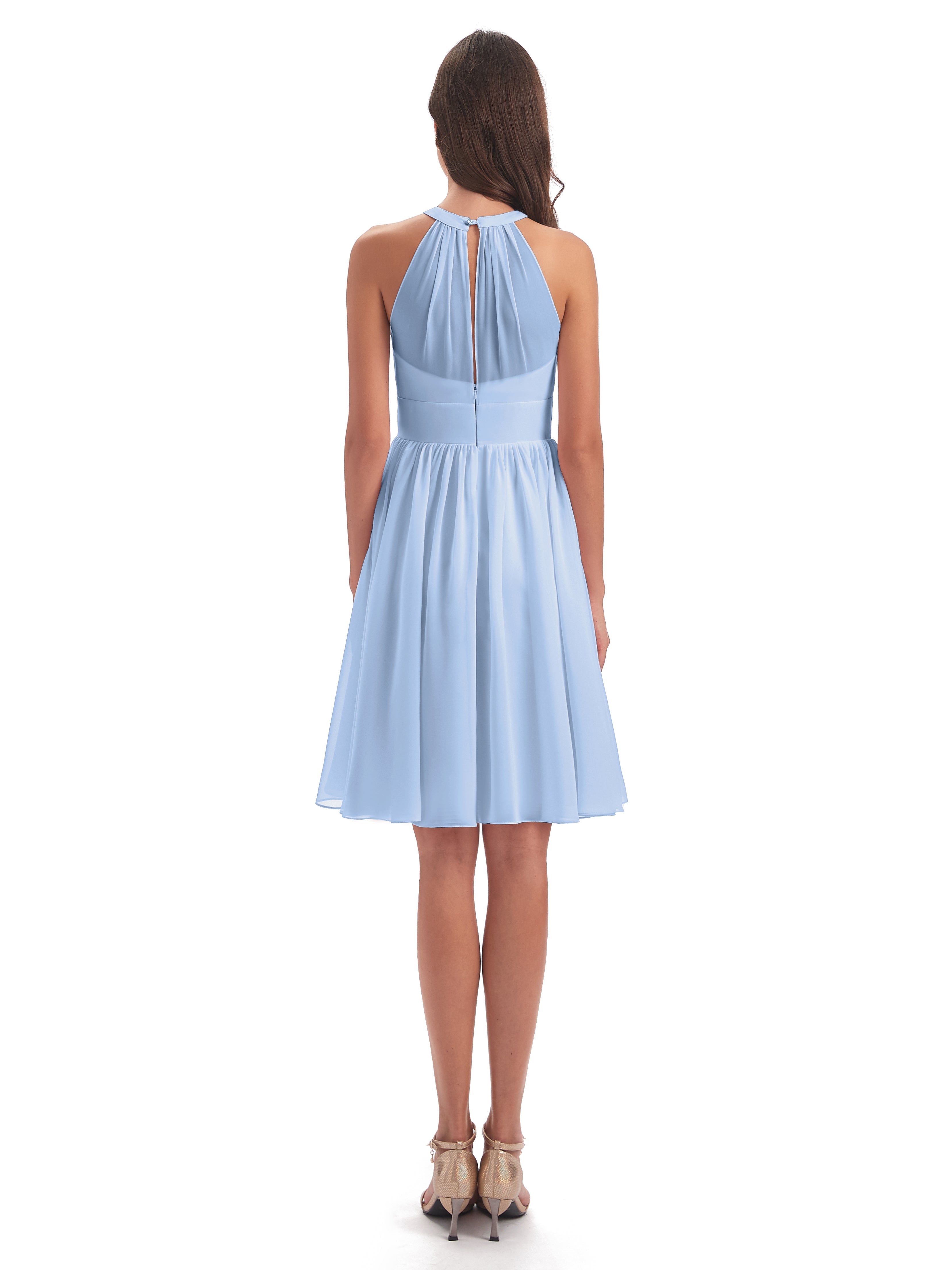 Robe De Demoiselle D Honneur Bleu Ciel Trapèze Mini Licou Mousseline Courte Robes Demoiselle D'Honneur