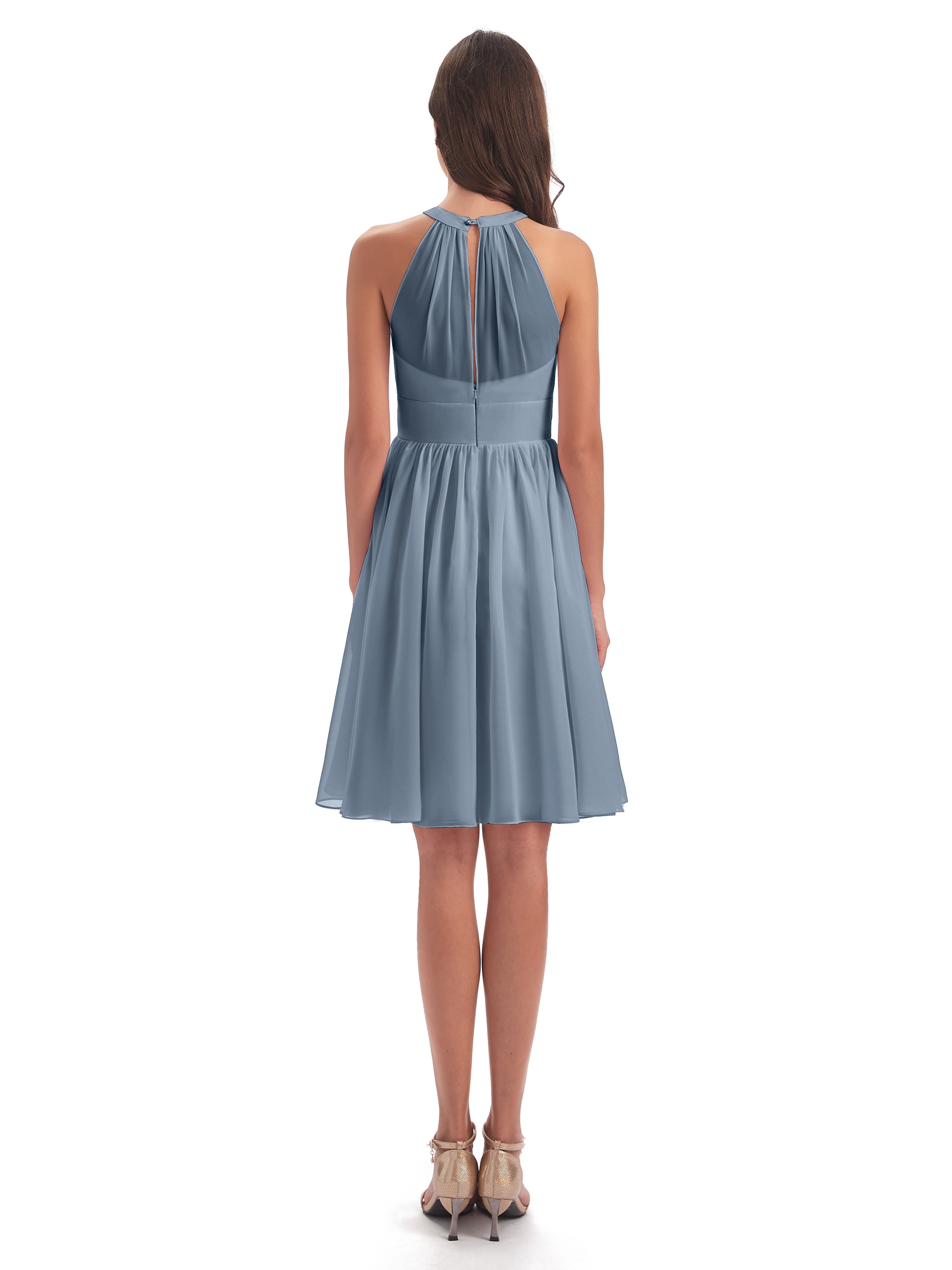 Robes De Demoiselle D'Honneur Bleu Poudre Trapèze Mini Licou Mousseline Courte Robes Demoiselle D'Honneur