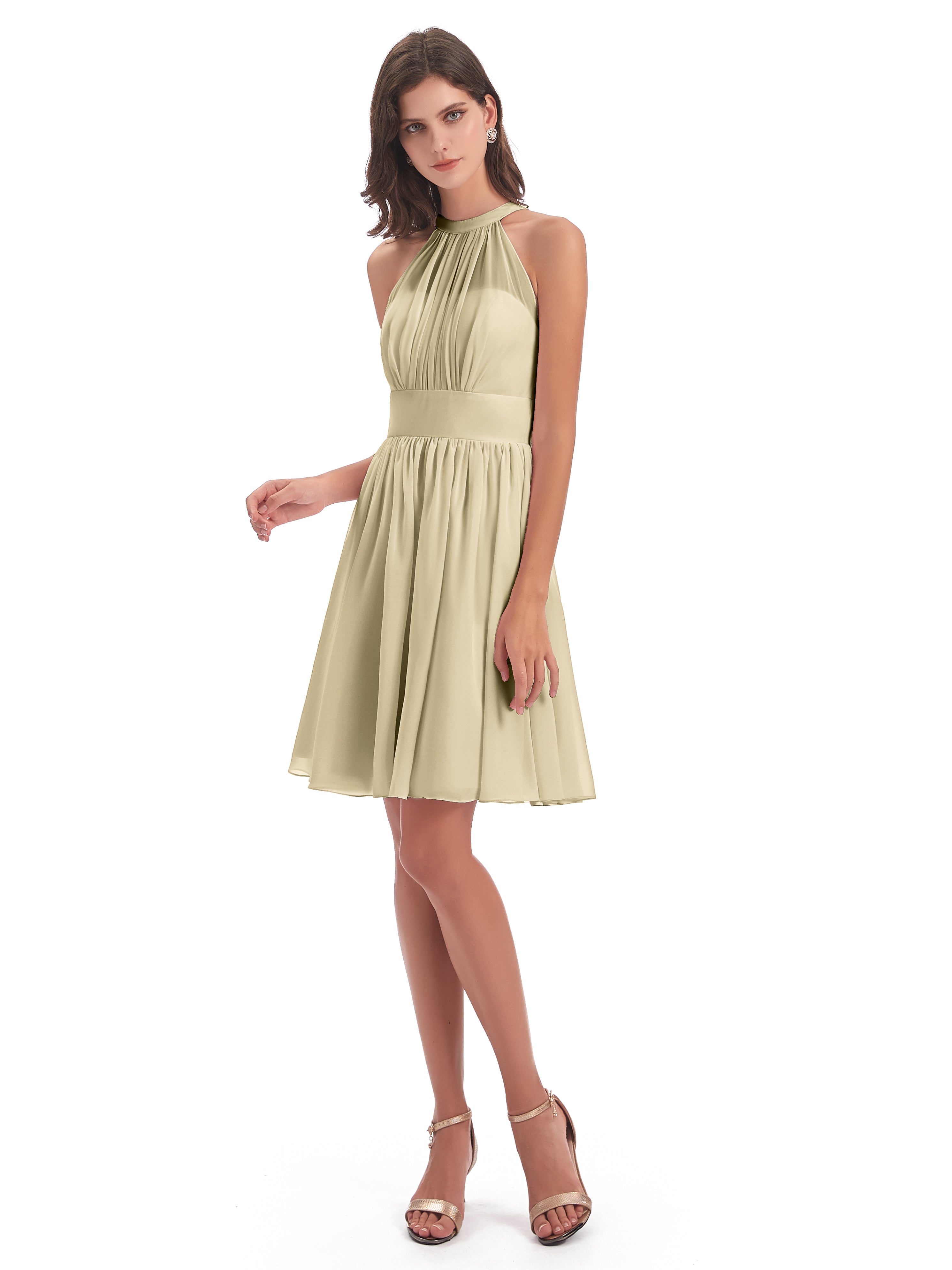 Robe Demoiselle D Honneur Champagne Trapèze Mini Licou Mousseline Courte Robes Demoiselle D'Honneur