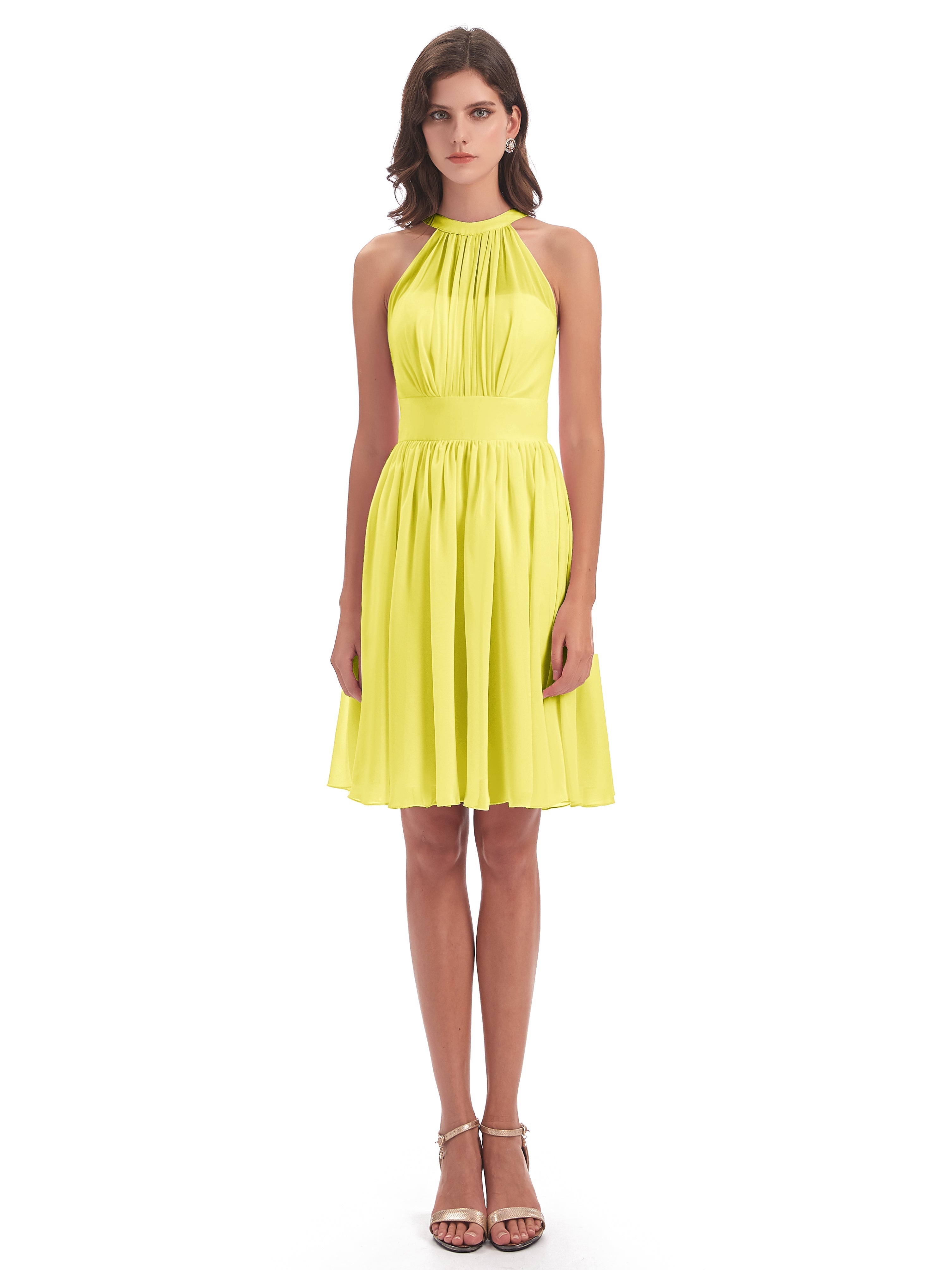 Robes De Demoiselle D'Honneur Citron Trapèze Mini Licou Mousseline Courte Robes Demoiselle D'Honneur