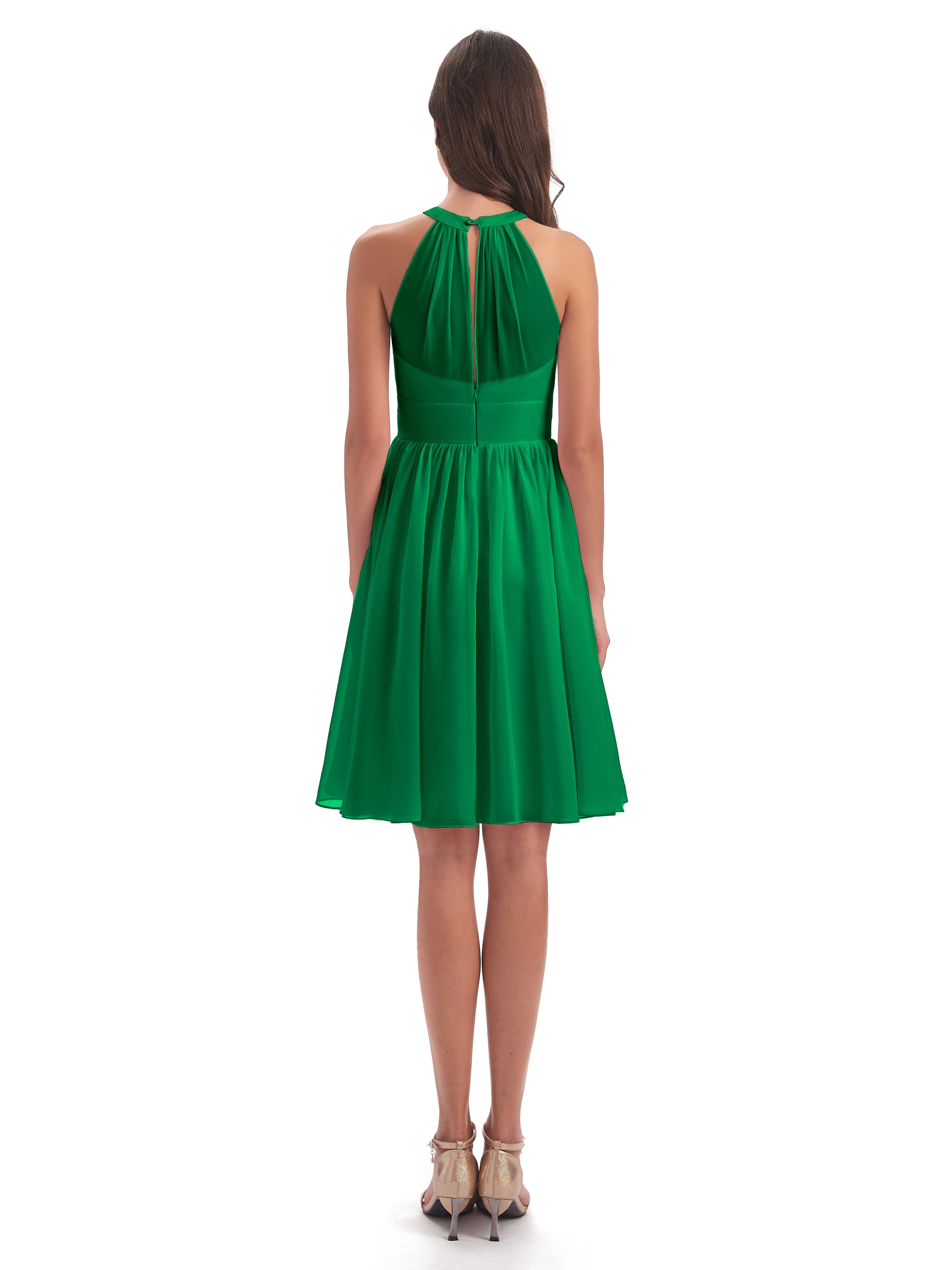 Demoiselle D'Honneur Vert Émeraude Trapèze Mini Licou Mousseline Courte Robes Demoiselle D'Honneur