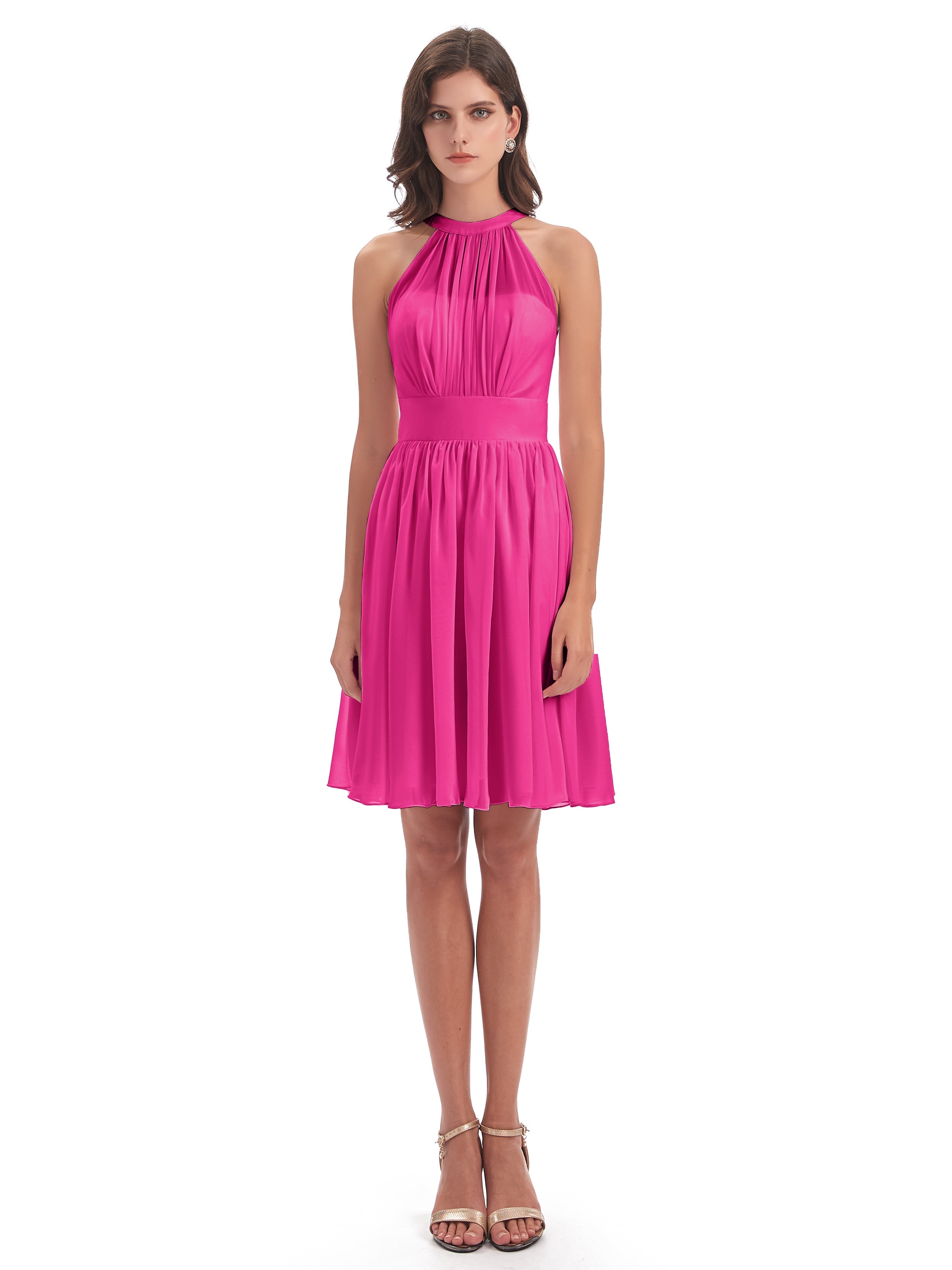 Robe Demoiselle D Honneur Fuchsia Trapèze Mini Licou Mousseline Courte Robes Demoiselle D'Honneur