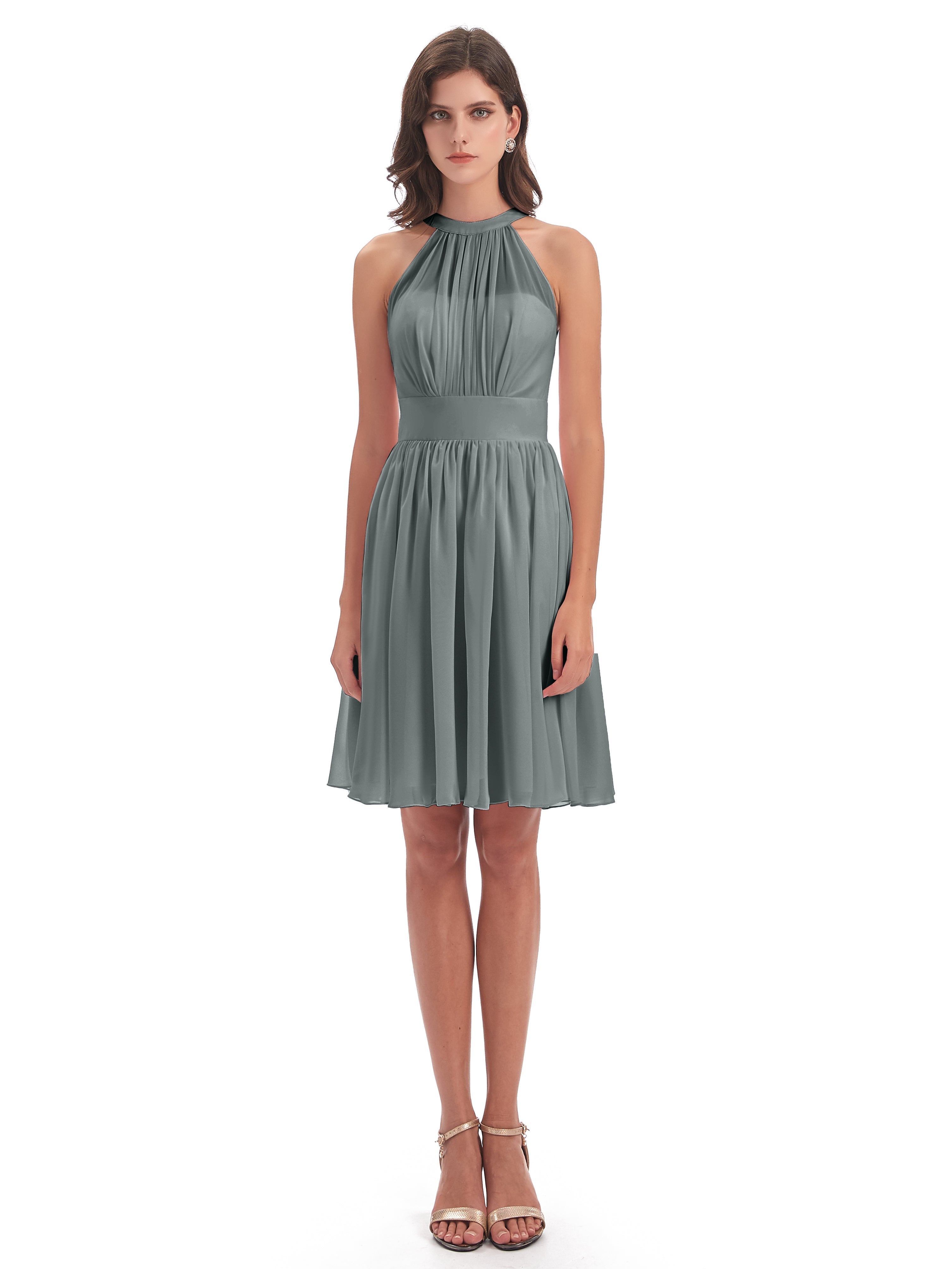 Robe Demoiselle D Honneur Gris Trapèze Mini Licou Mousseline Courte Robes Demoiselle D'Honneur