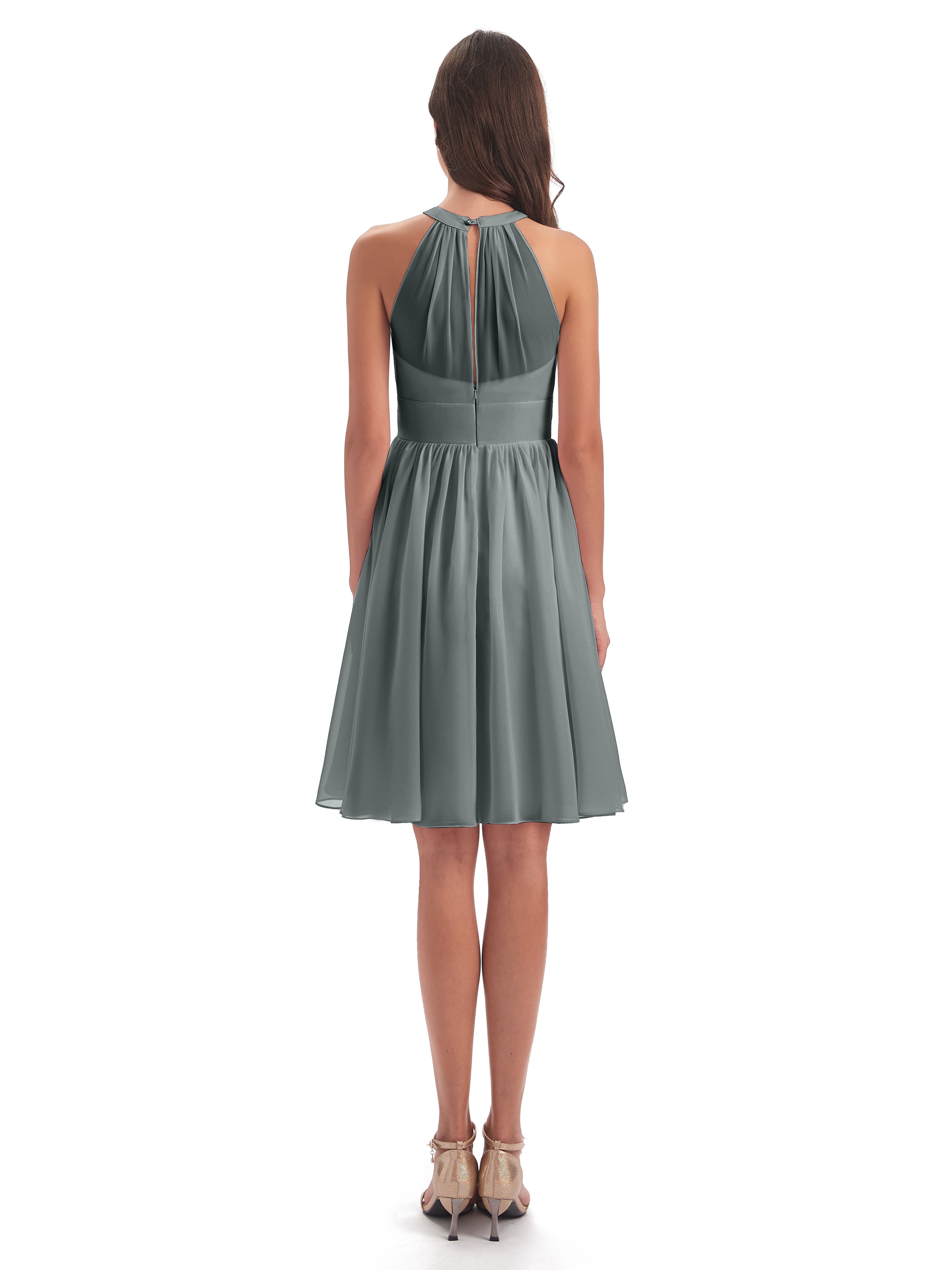 Robe Demoiselle D Honneur Gris Trapèze Mini Licou Mousseline Courte Robes Demoiselle D'Honneur