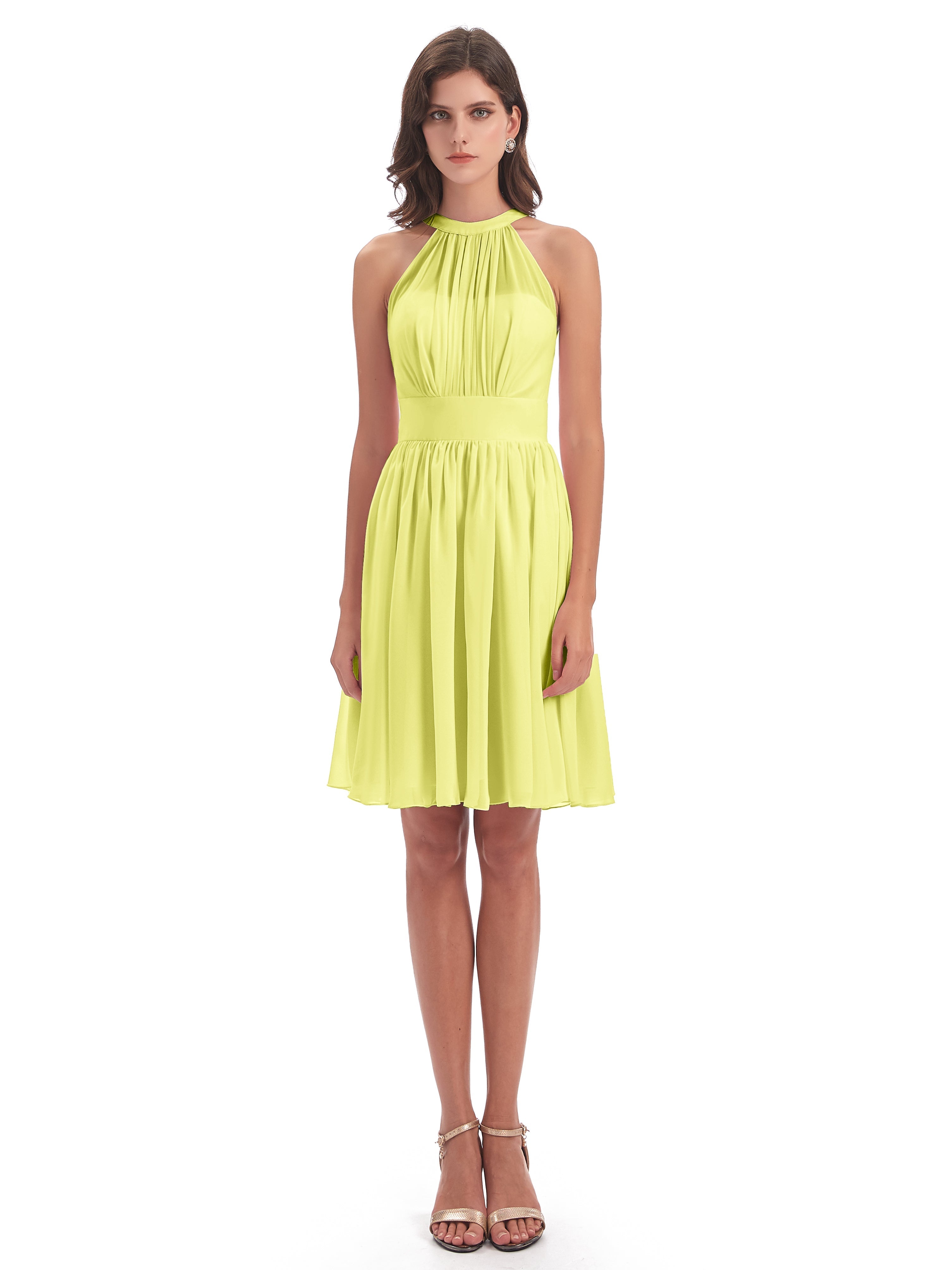 Robes De Demoiselle D'Honneur Jonquille Trapèze Mini Licou Mousseline Courte Robes Demoiselle D'Honneur