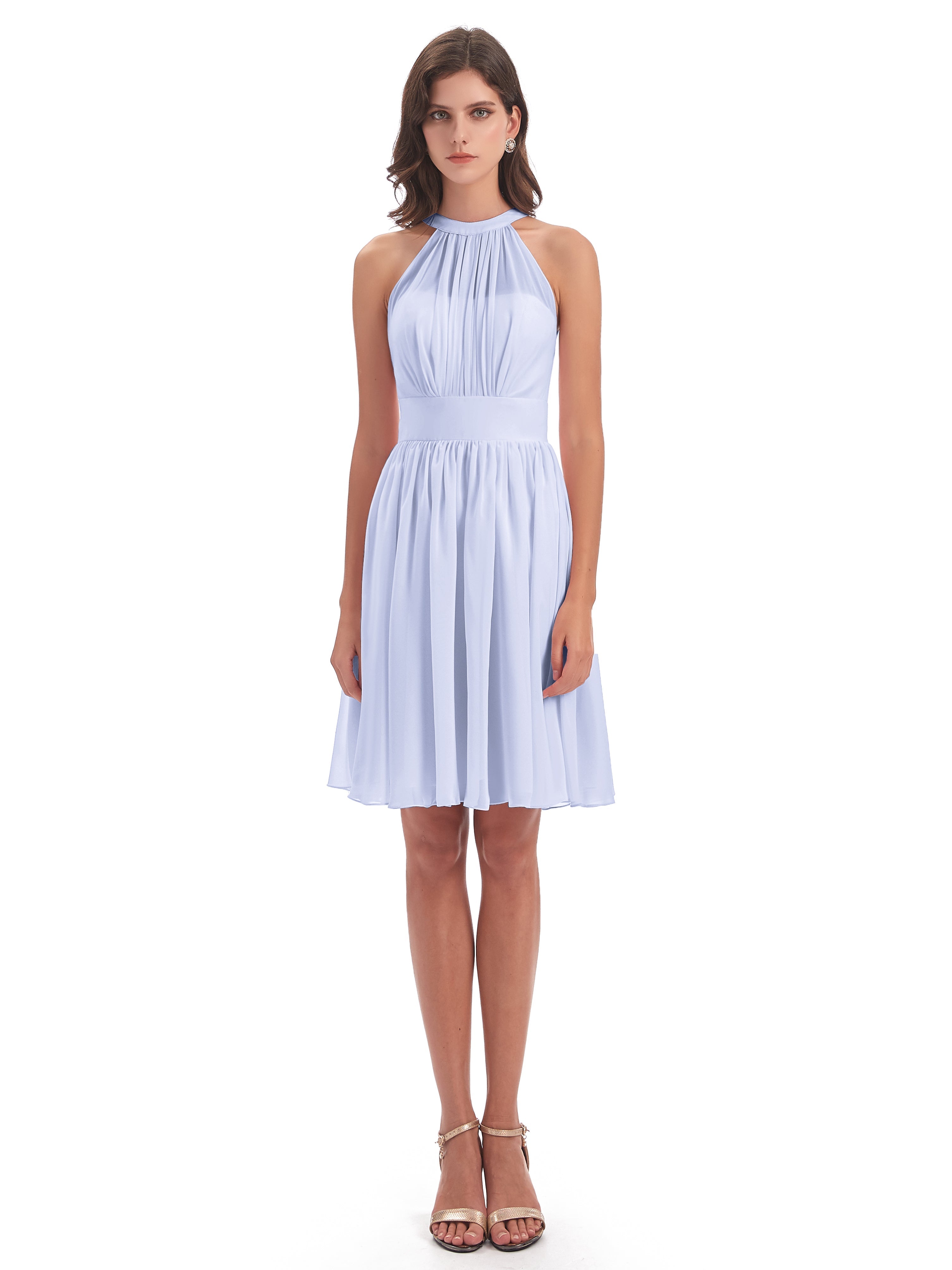 Robe Demoiselle D Honneur Couleur Lavande Trapèze Mini Licou Mousseline Courte Robes Demoiselle D'Honneur