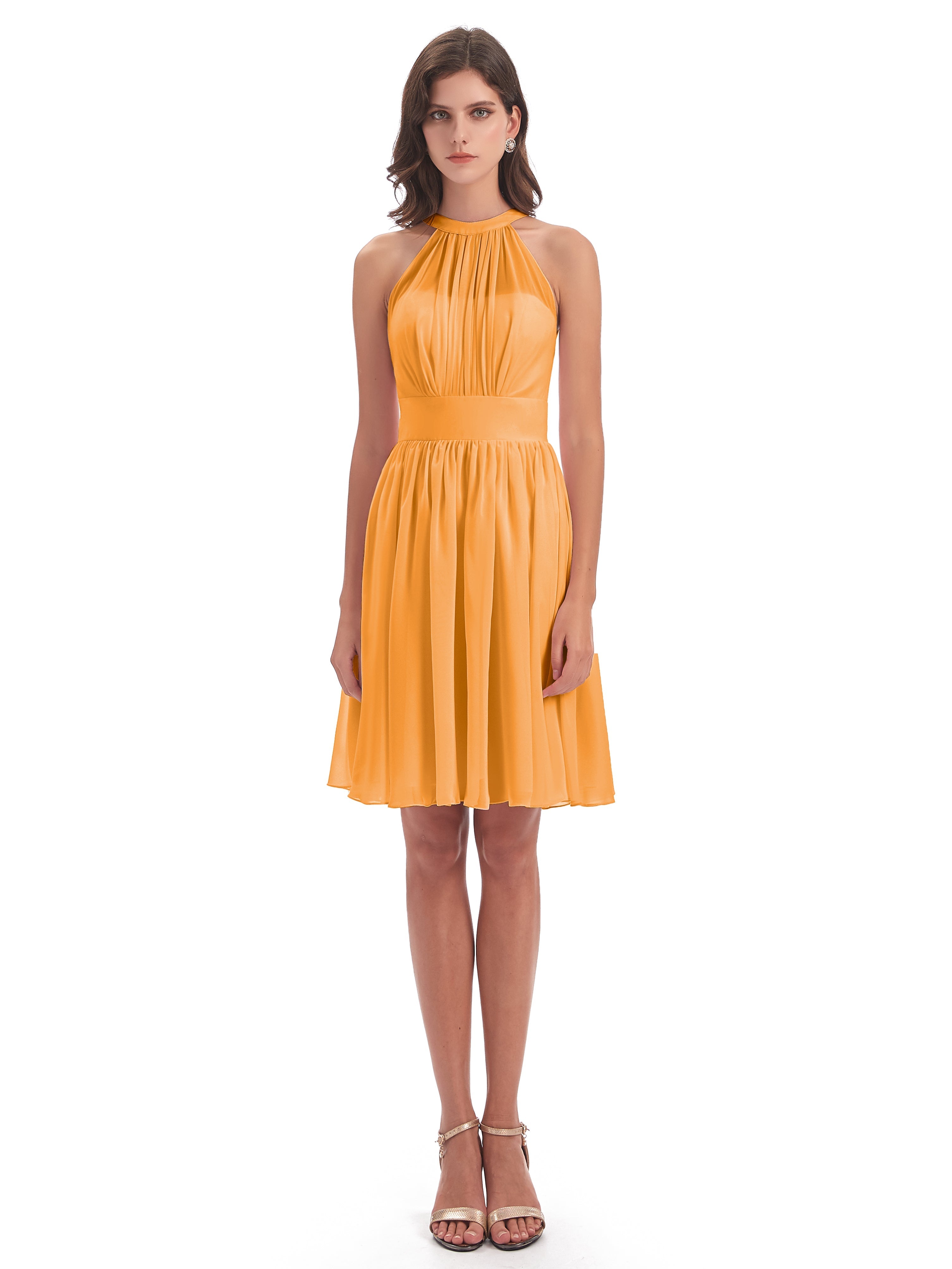 Robes De Demoiselle D'Honneur Mandarine Trapèze Mini Licou Mousseline Courte Robes Demoiselle D'Honneur