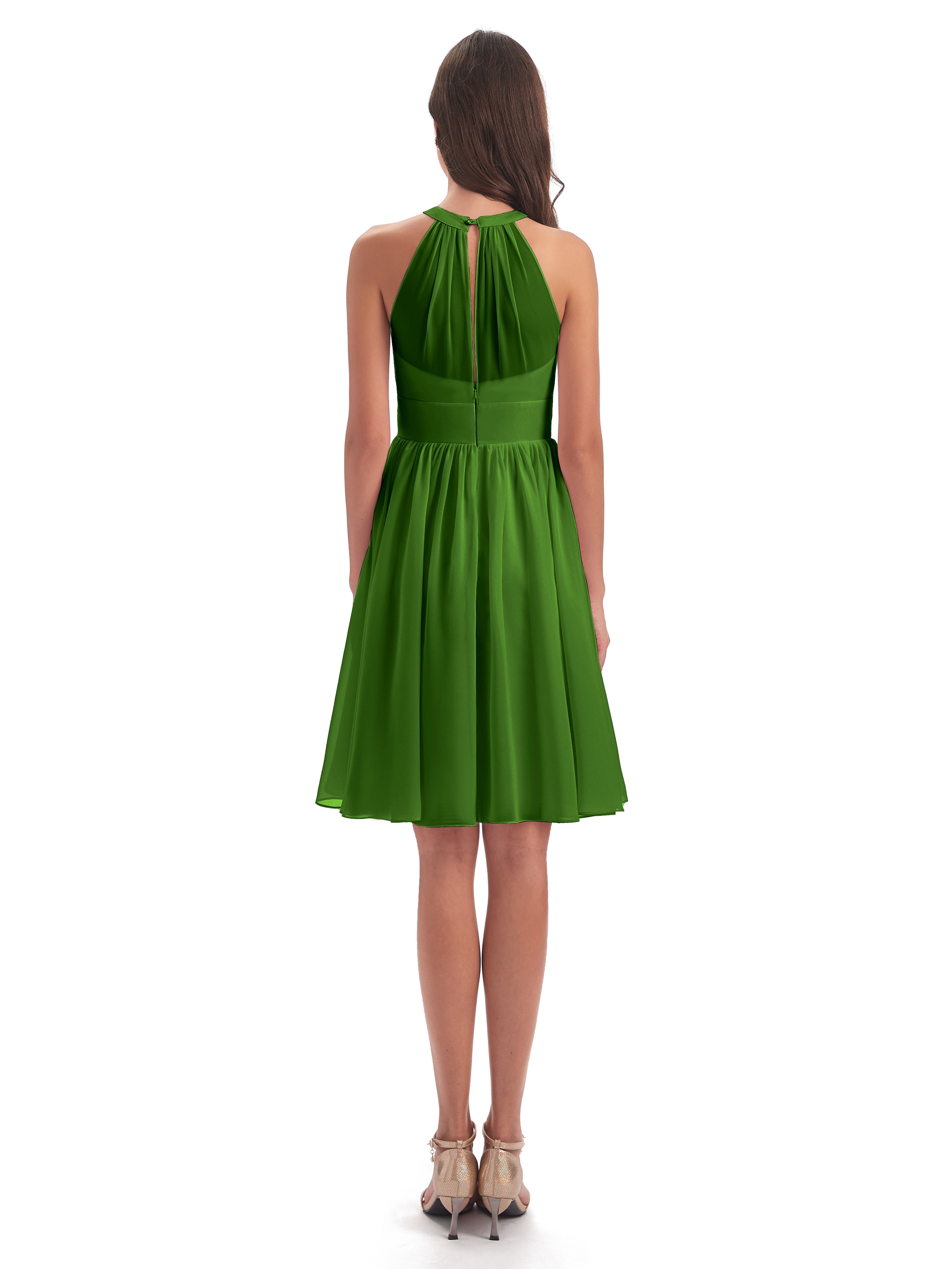 Robes De Demoiselle D'Honneur Vert Mousse Trapèze Mini Licou Mousseline Courte Robes Demoiselle D'Honneur