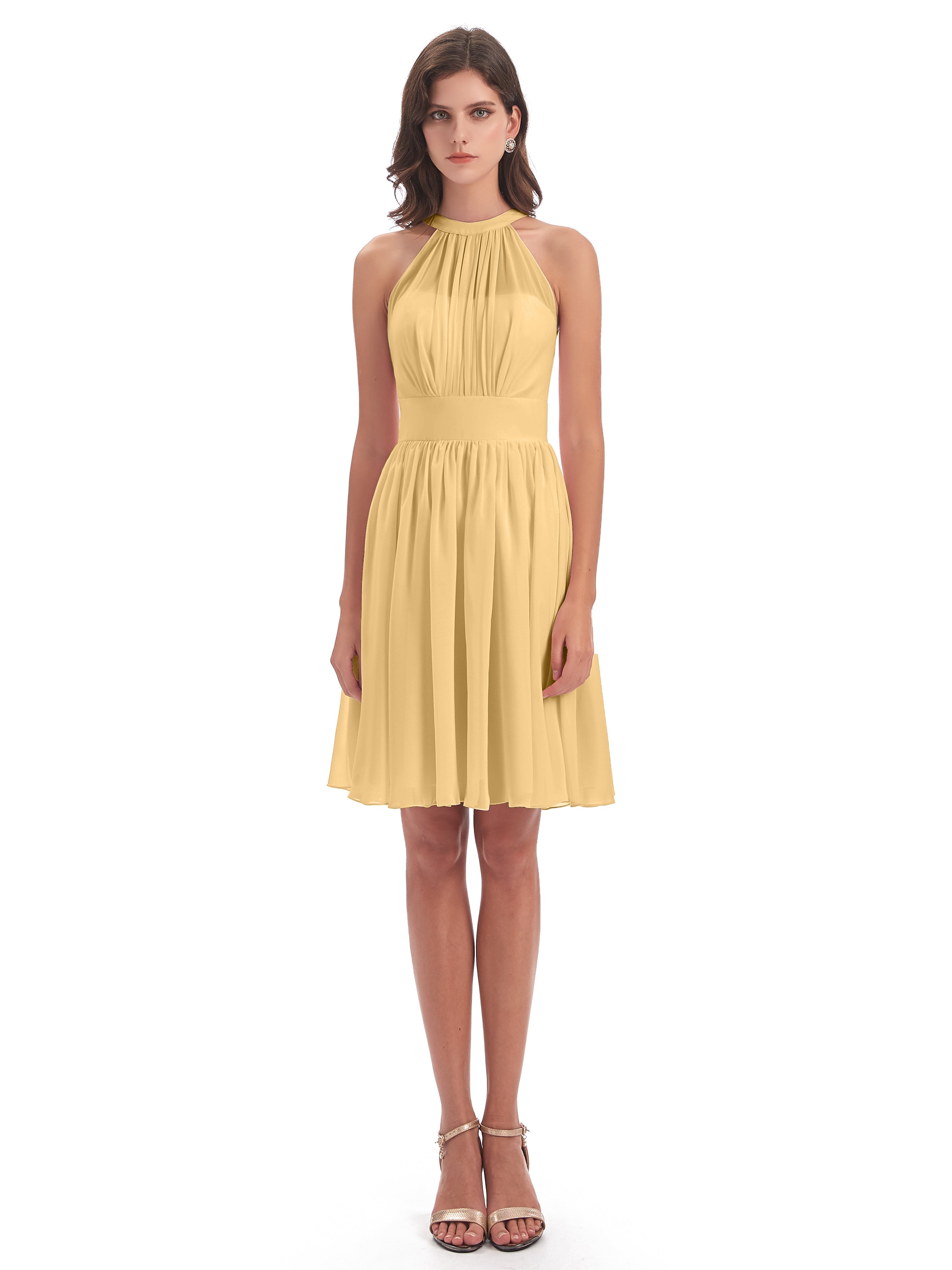 Robe Demoiselle D Honneur Dorée Trapèze Mini Licou Mousseline Courte Robes Demoiselle D'Honneur