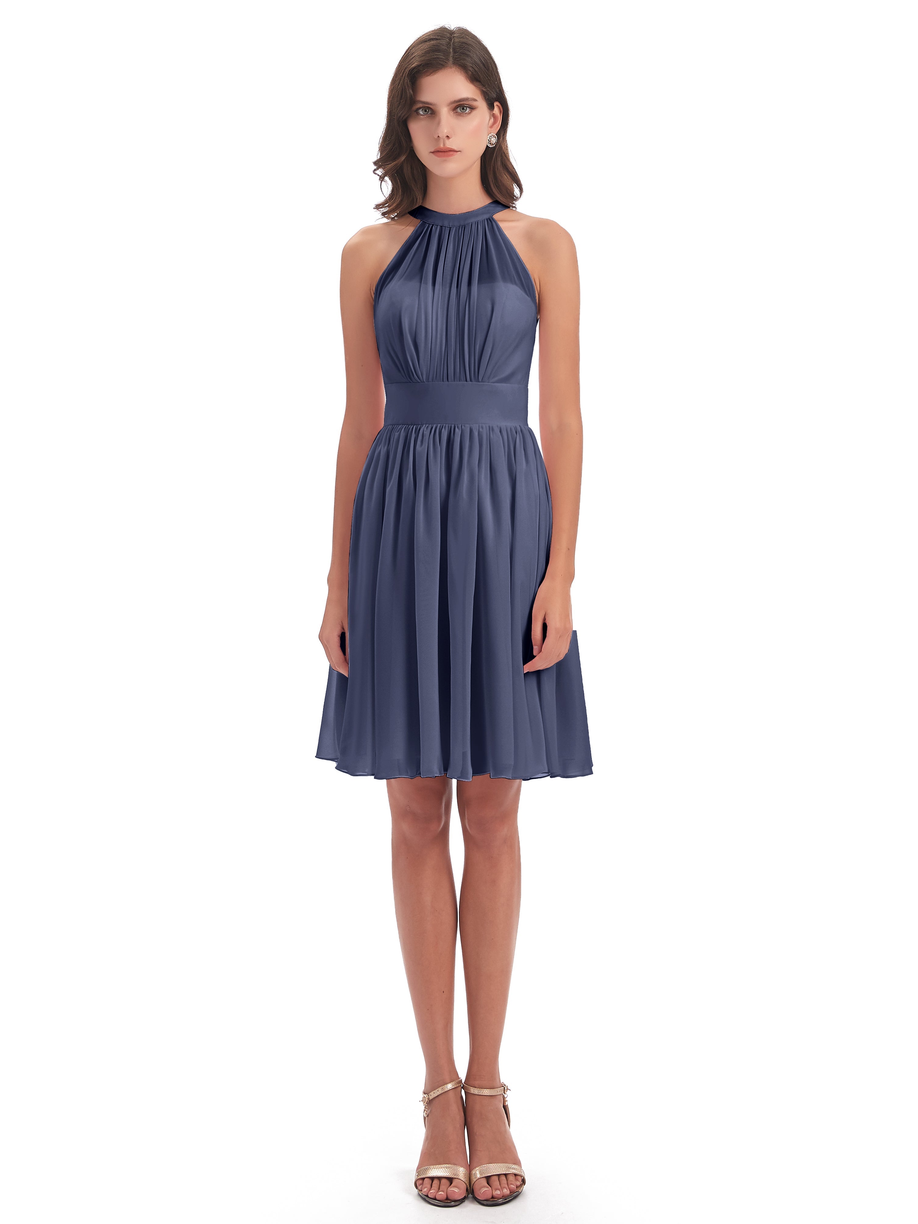 Robes De Demoiselle D'Honneur Bleu Orageux Trapèze Mini Licou Mousseline Courte Robes Demoiselle D'Honneur