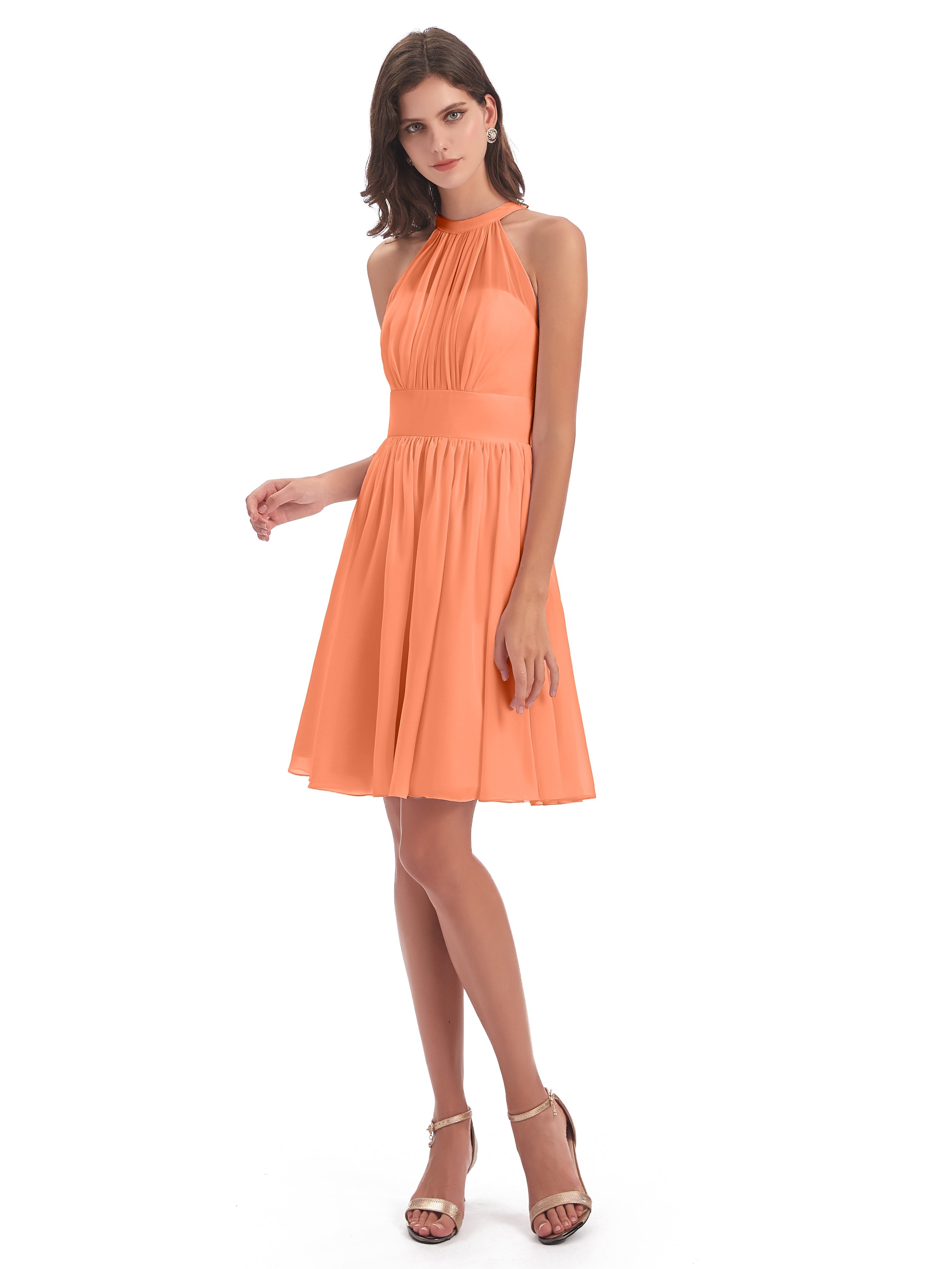 Robes De Demoiselle D'Honneur Papaye Trapèze Mini Licou Mousseline Courte Robes Demoiselle D'Honneur