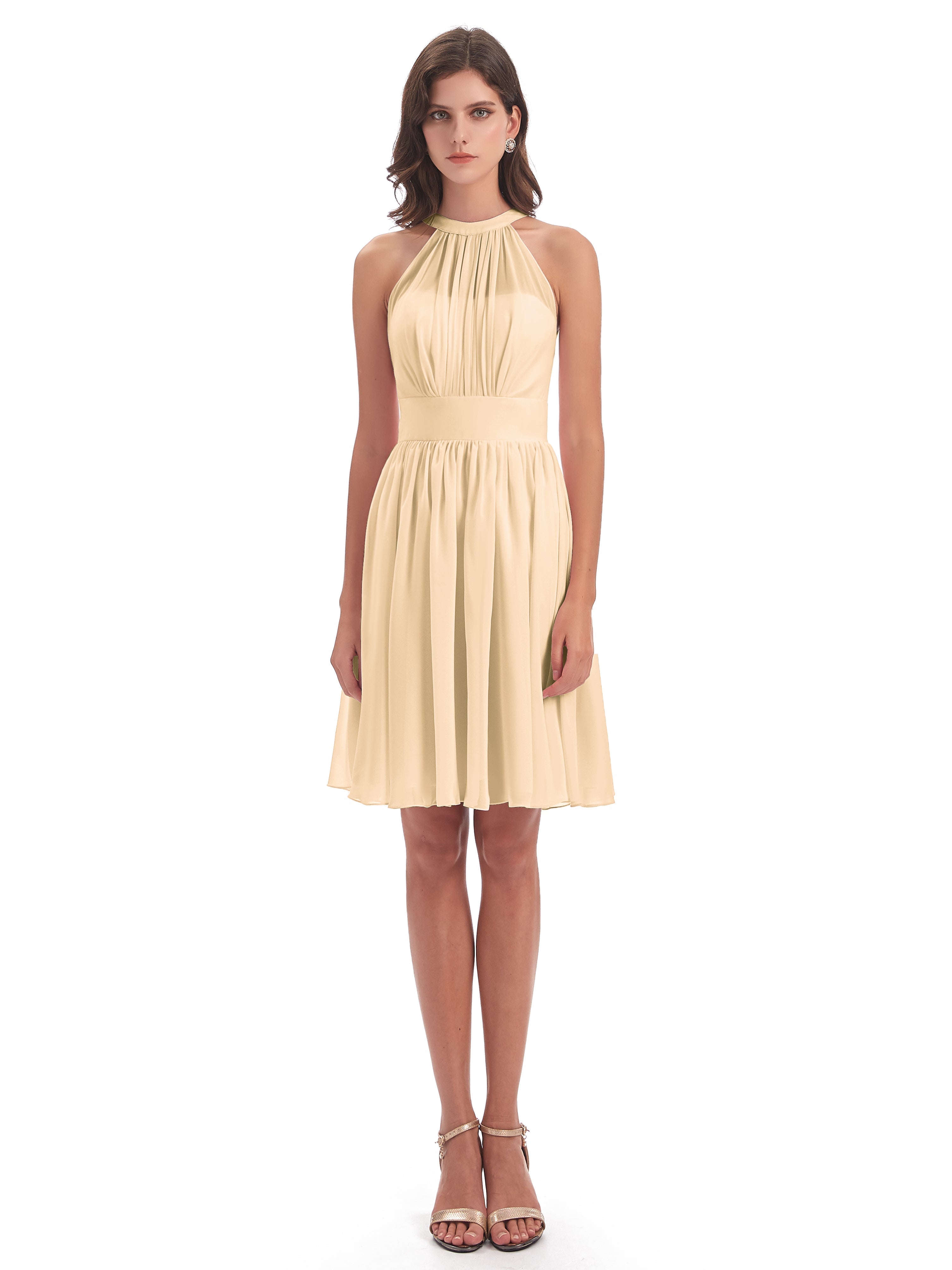 Robe Demoiselle D Honneur Couleur Peche Trapèze Mini Licou Mousseline Courte Robes Demoiselle D'Honneur