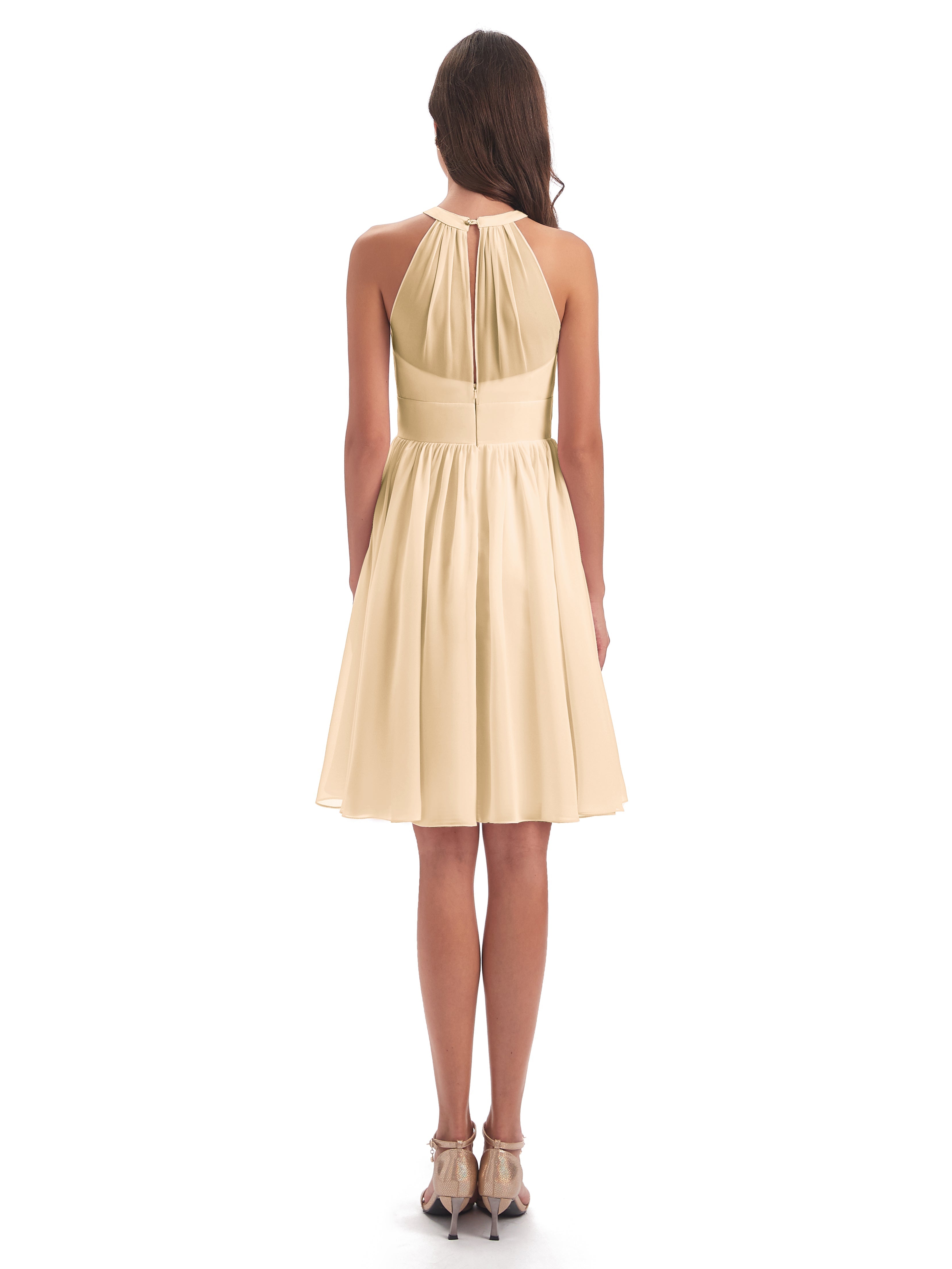 Robe Demoiselle D Honneur Couleur Peche Trapèze Mini Licou Mousseline Courte Robes Demoiselle D'Honneur