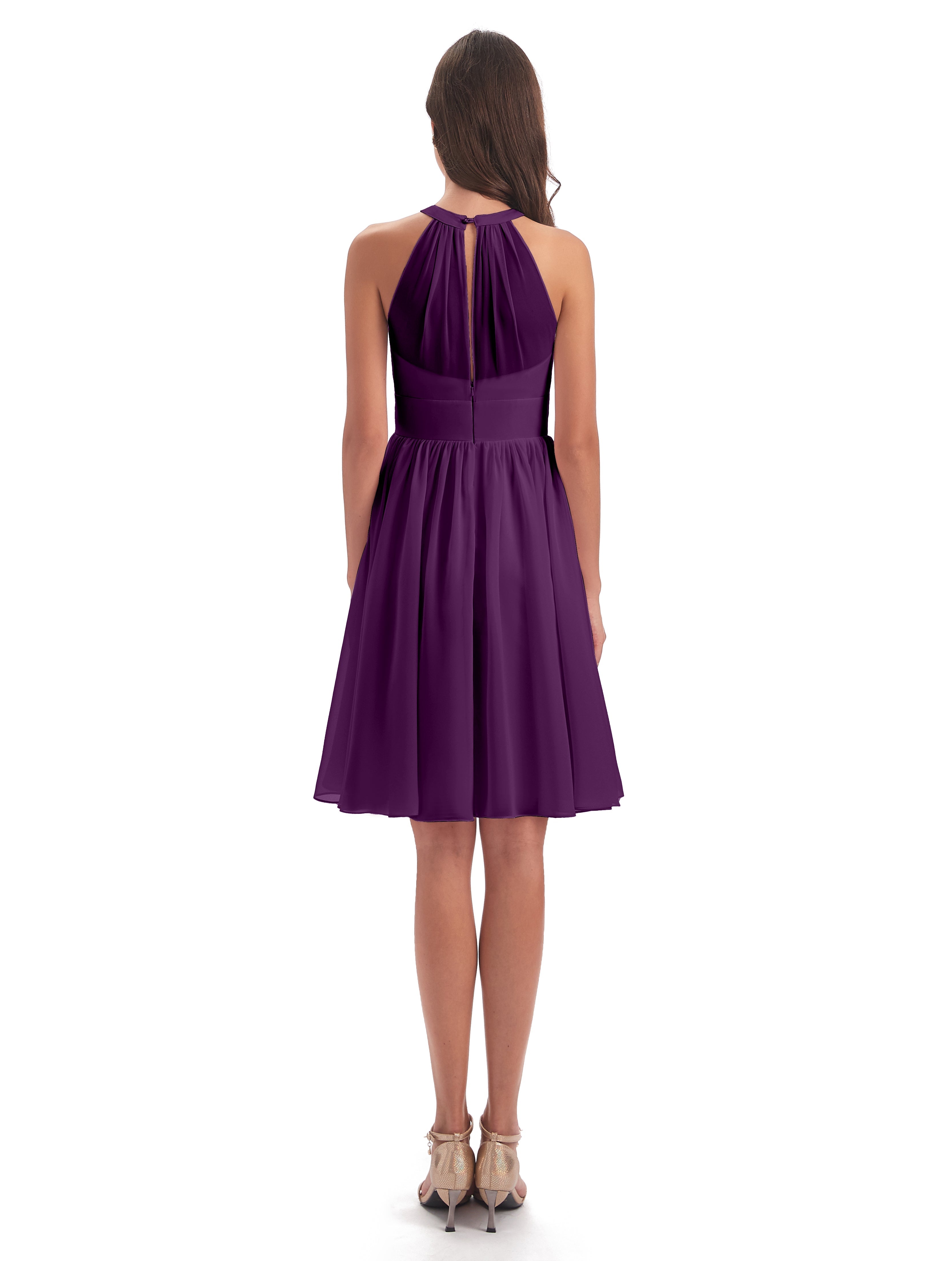 Robes De Demoiselle D'Honneur En Raisin Trapèze Mini Licou Mousseline Courte Robes Demoiselle D'Honneur