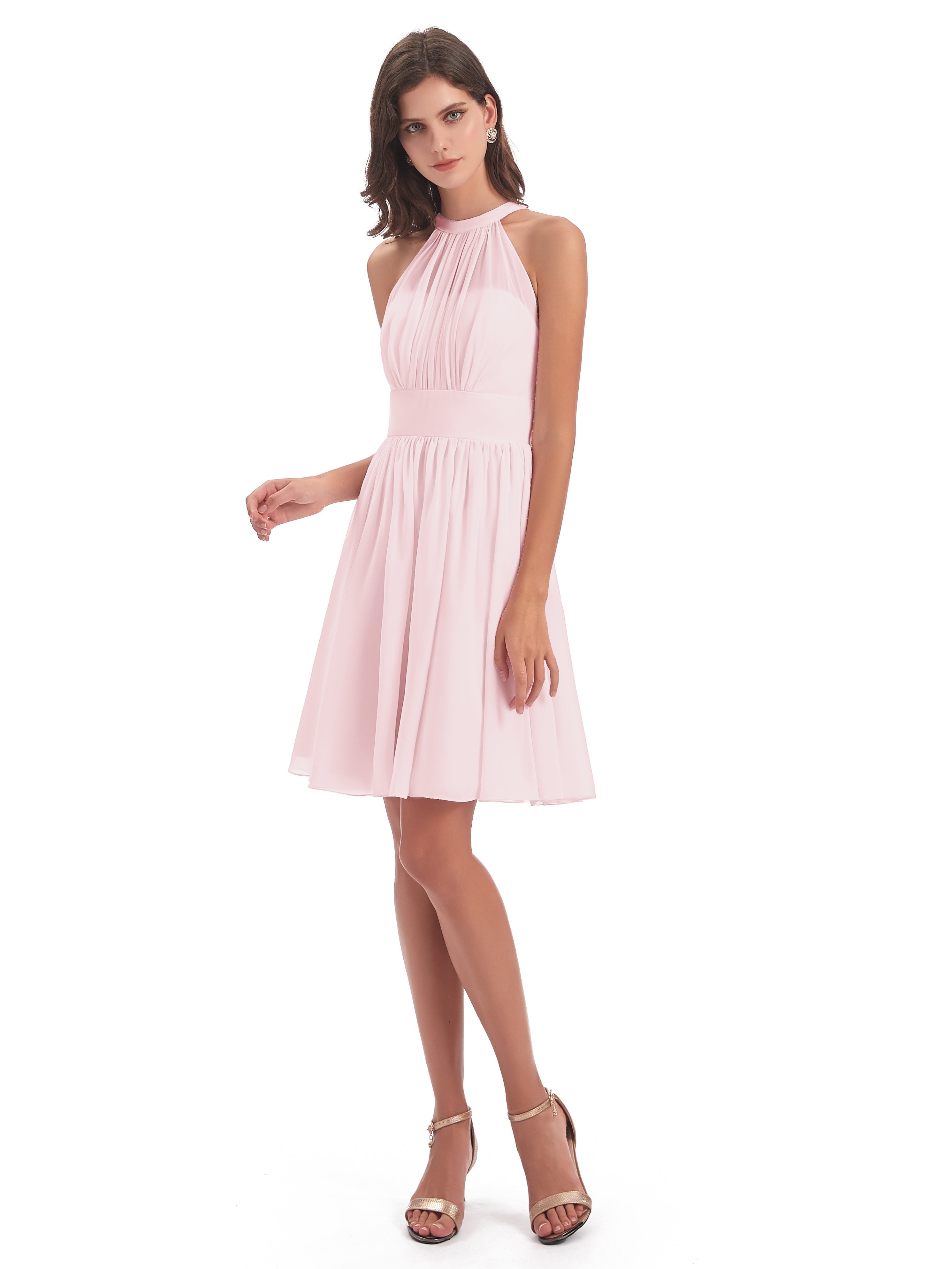 Robe Demoiselle Dhonneur Rose Pale Trapèze Mini Licou Mousseline Courte Robes Demoiselle D'Honneur