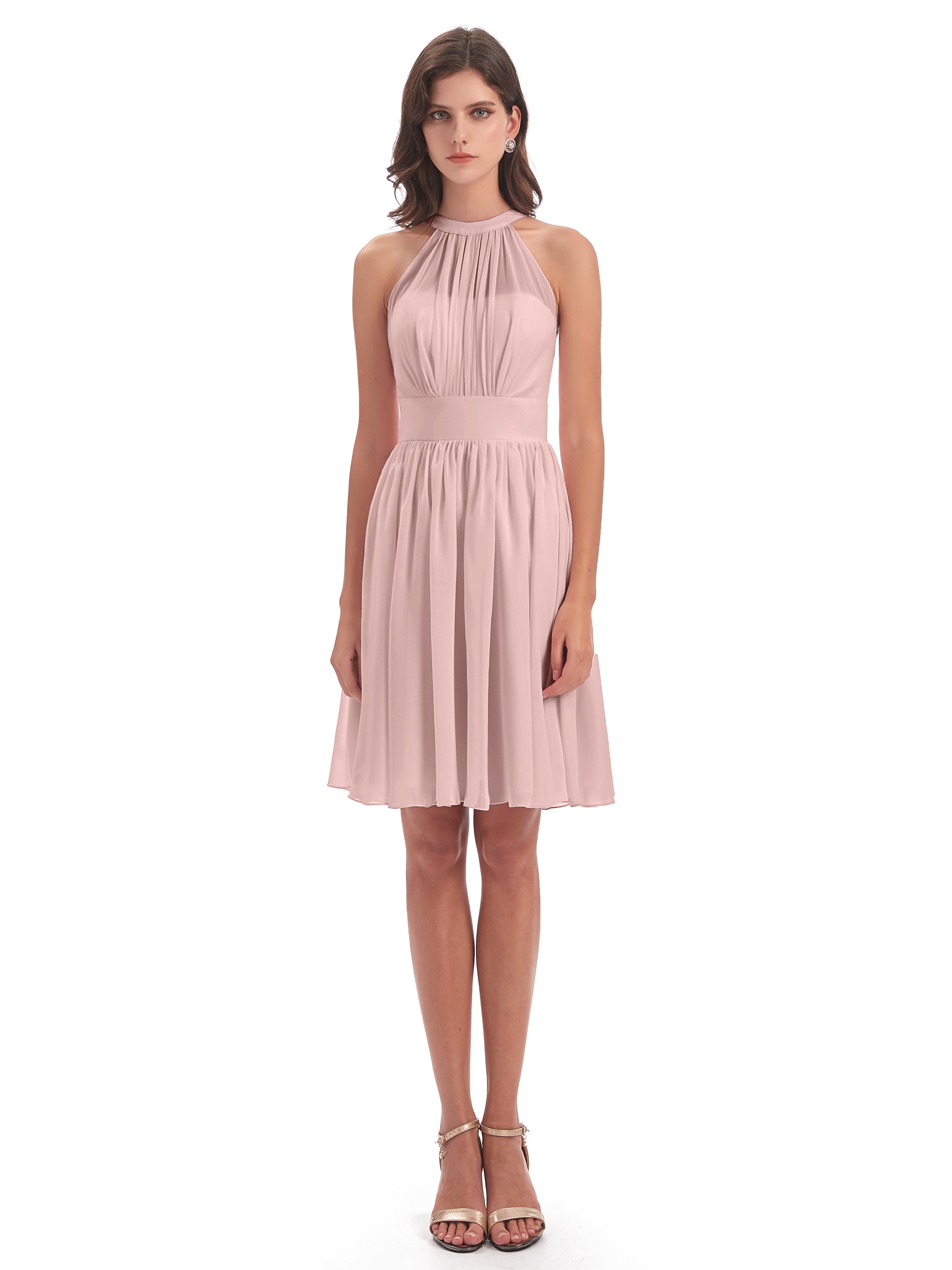 Rose Poudrée De Demoiselle D'Honneur Trapèze Mini Licou Mousseline Courte Robes Demoiselle D'Honneur