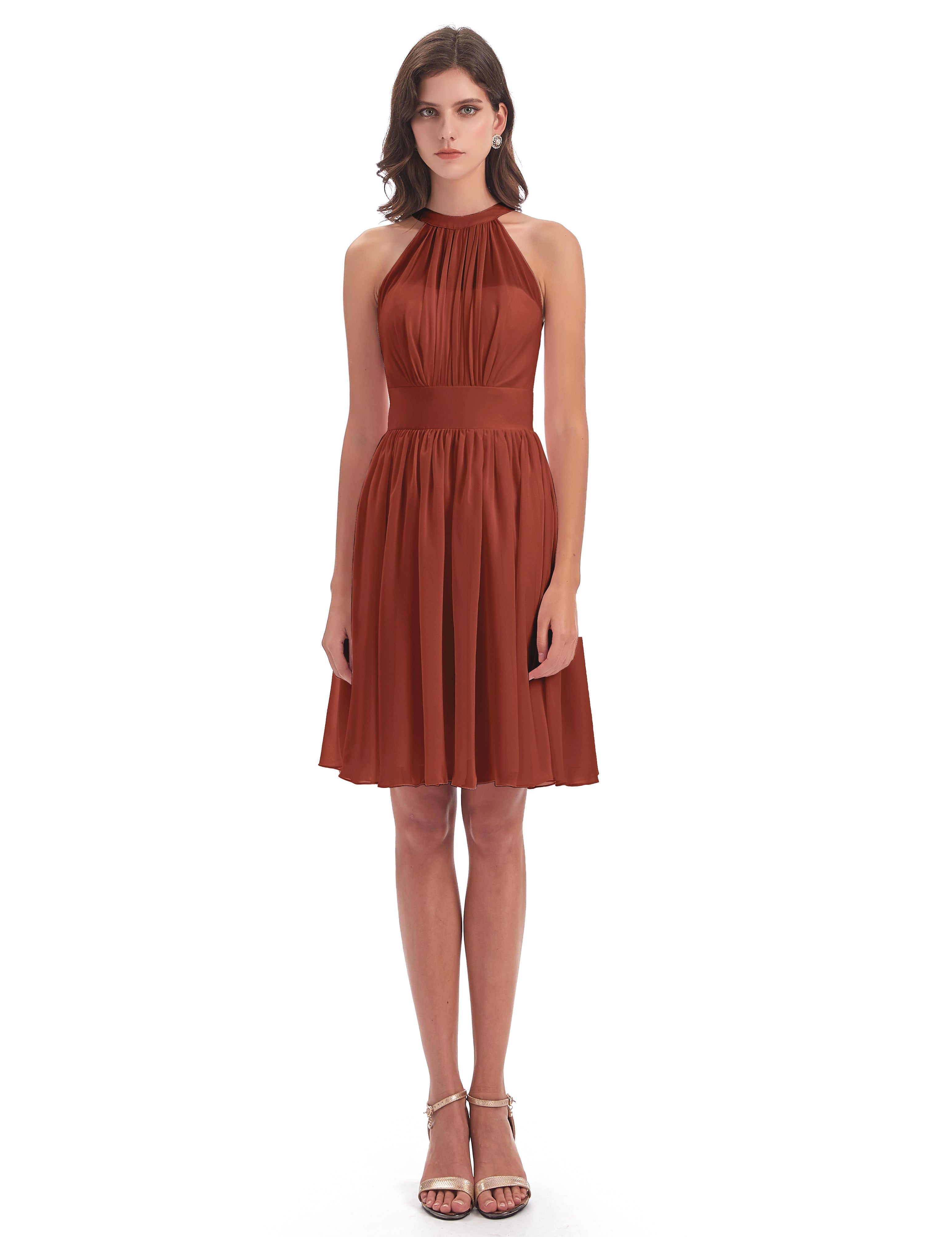 Robes De Demoiselle D'Honneur Couleur Rouille Bon Marché Trapèze Mini Licou Mousseline Courte Robes Demoiselle D'Honneur