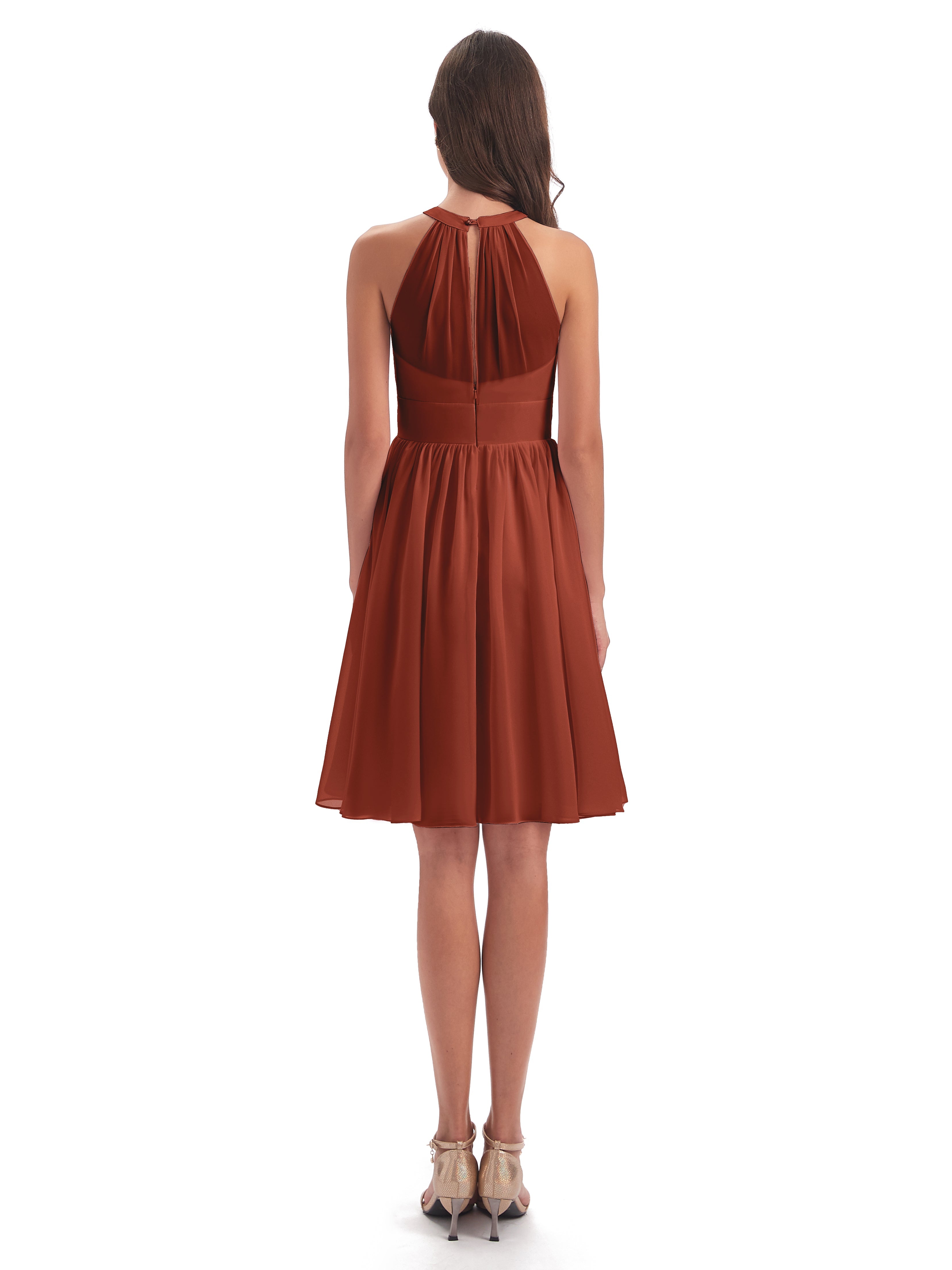 Robes De Demoiselle D'Honneur Couleur Rouille Bon Marché Trapèze Mini Licou Mousseline Courte Robes Demoiselle D'Honneur