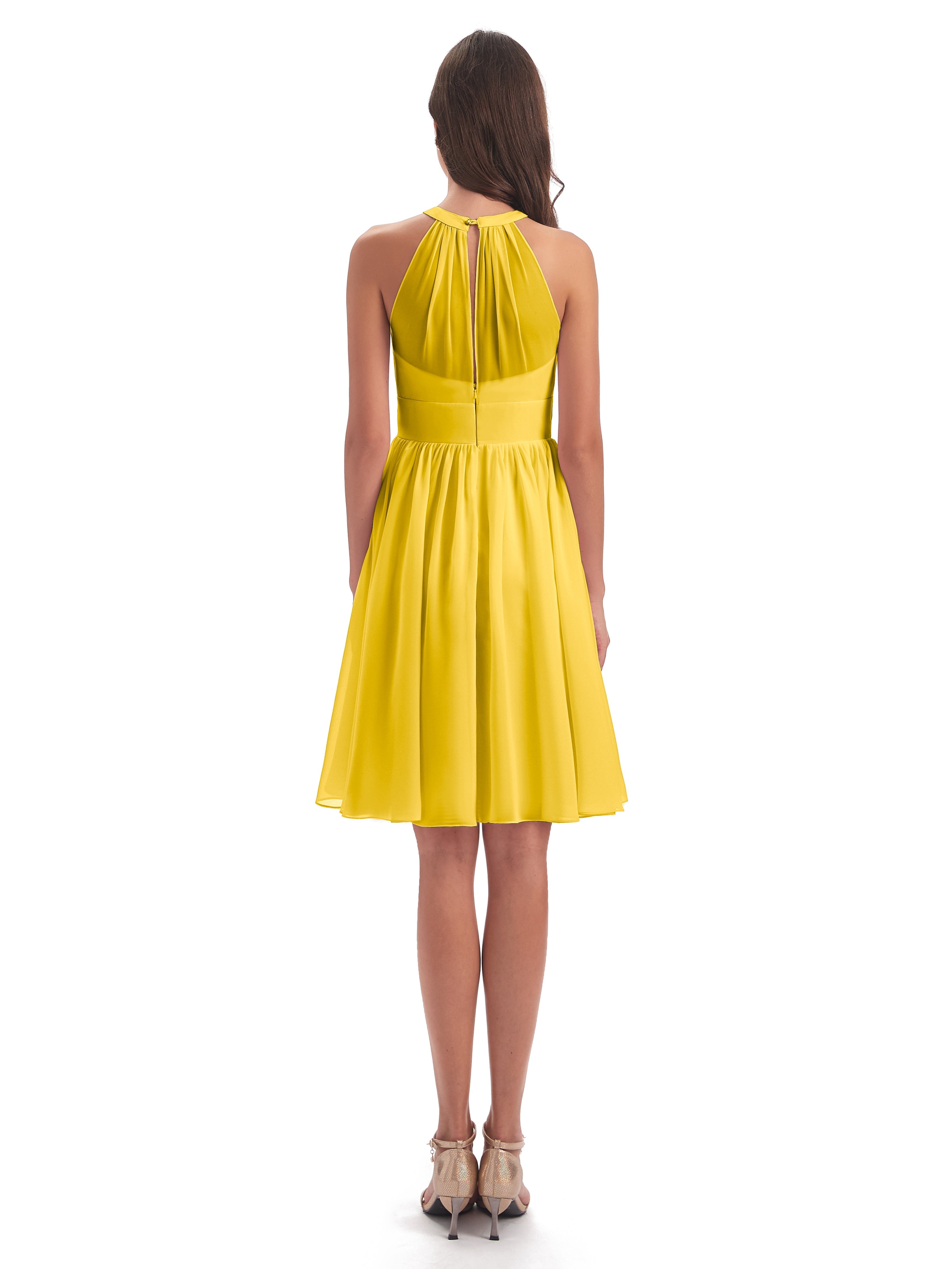 Robe De Demoiselle D'Honneur Souci Trapèze Mini Licou Mousseline Courte Robes Demoiselle D'Honneur