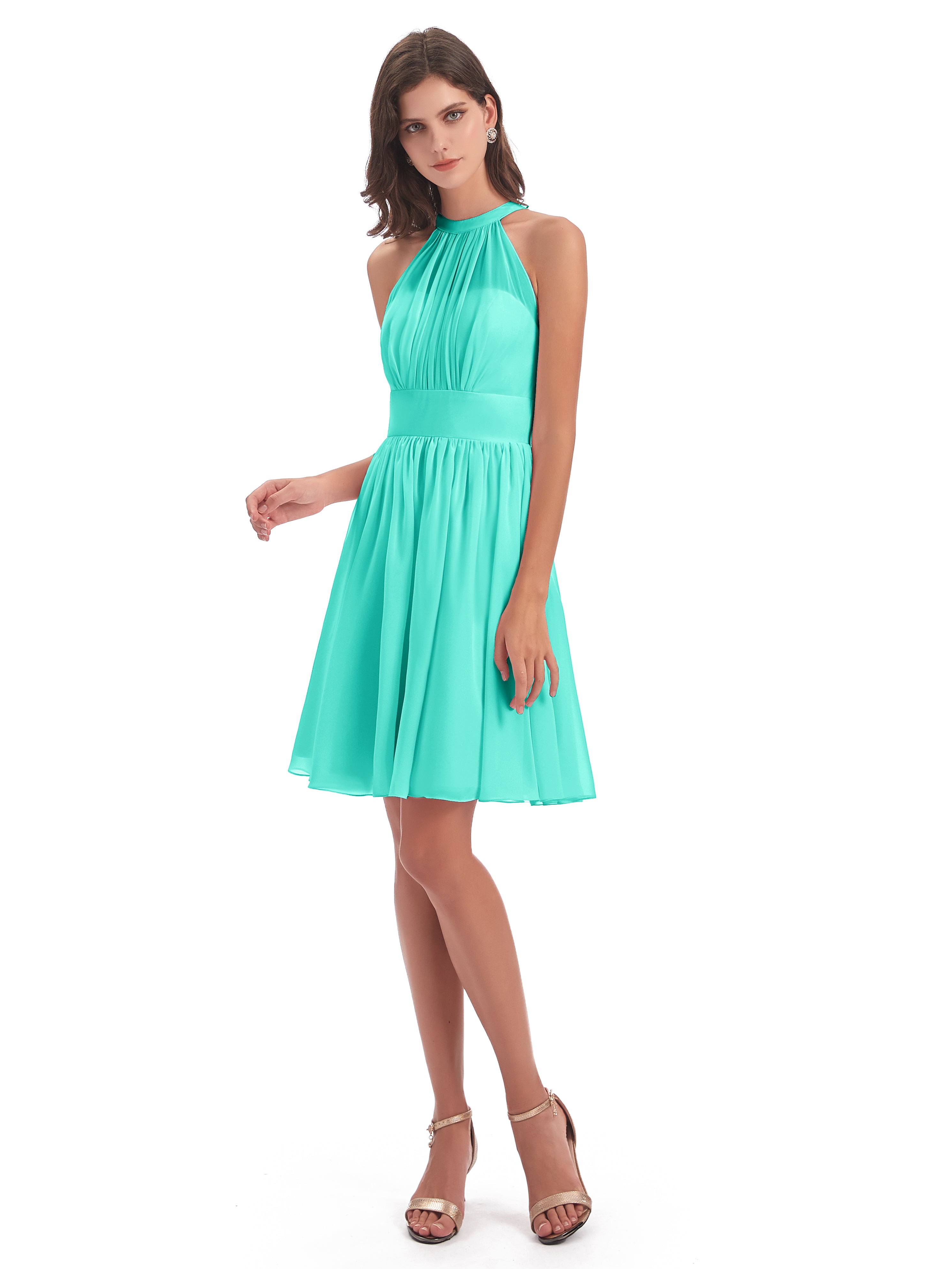 Robes De Demoiselle D'Honneur Spa Trapèze Mini Licou Mousseline Courte Robes Demoiselle D'Honneur