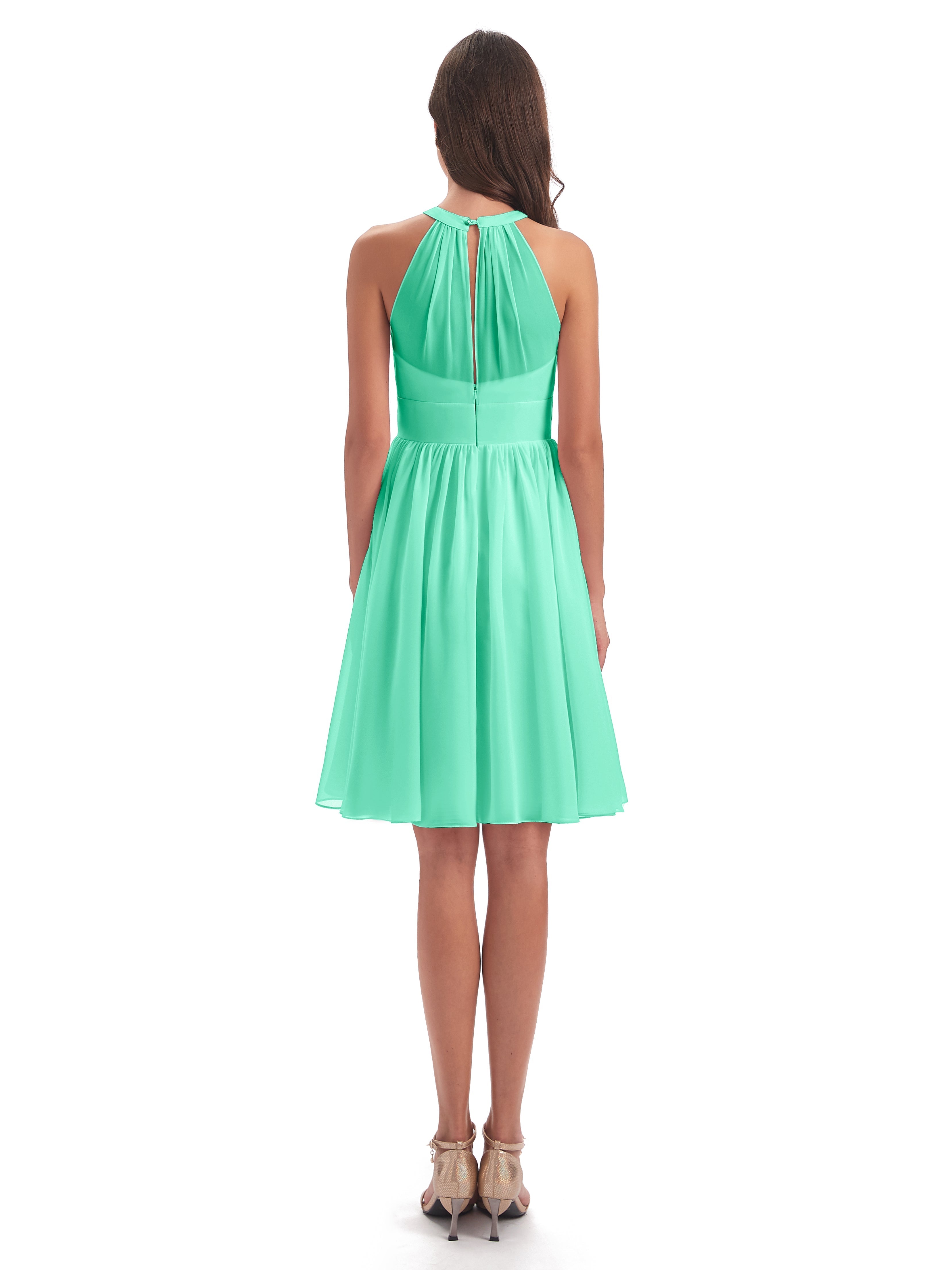 Robe Bleu Turquoise Demoiselle D Honneur Trapèze Mini Licou Mousseline Courte Robes Demoiselle D'Honneur