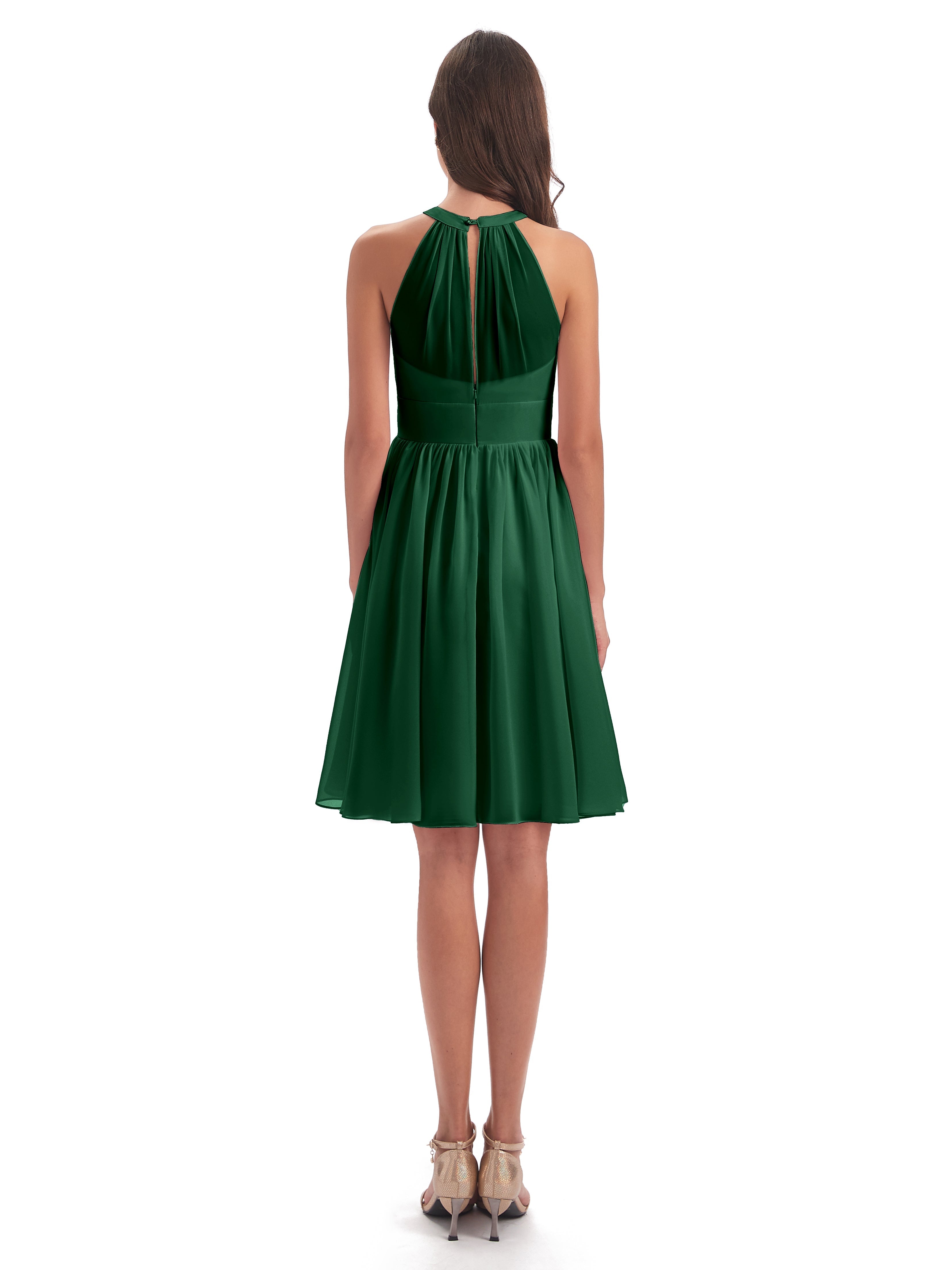 Robes De Demoiselle D'Honneur Vert Foncé Trapèze Mini Licou Mousseline Courte Robes Demoiselle D'Honneur