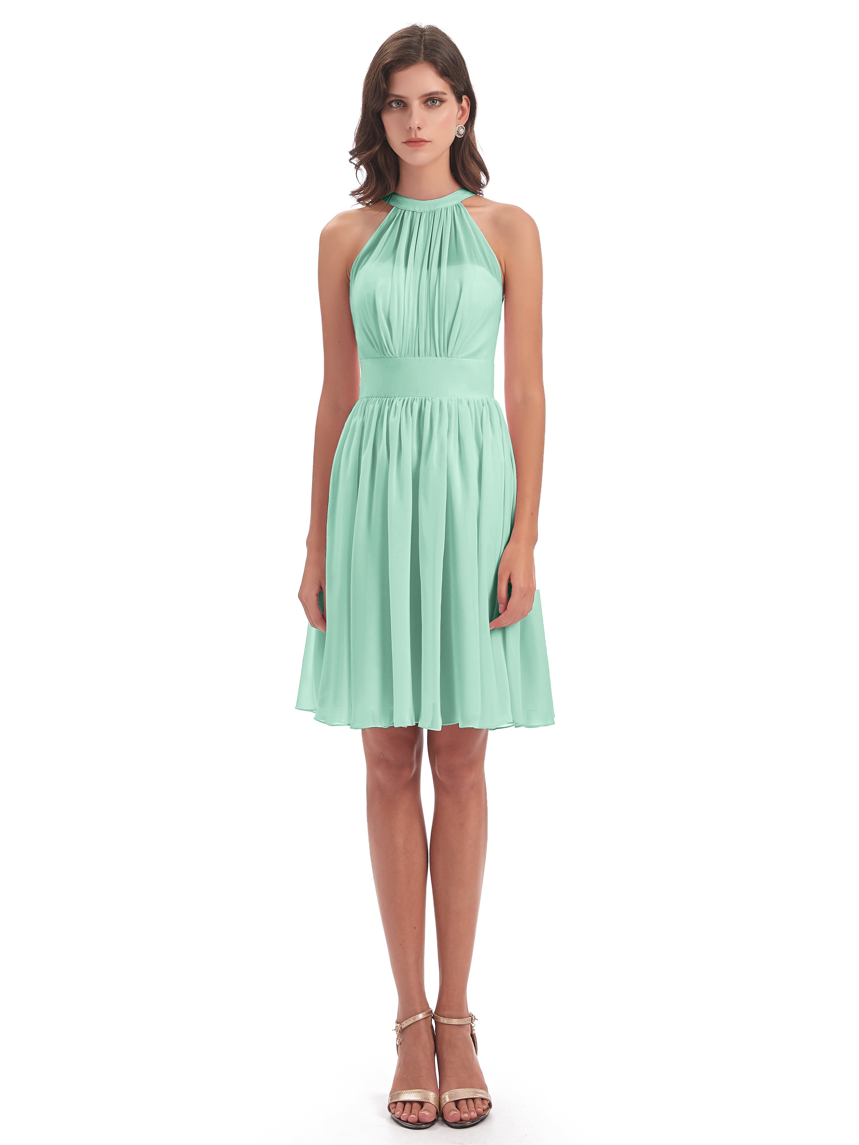 Robes De Demoiselle D'Honneur Vert Menthe Trapèze Mini Licou Mousseline Courte Robes Demoiselle D'Honneur