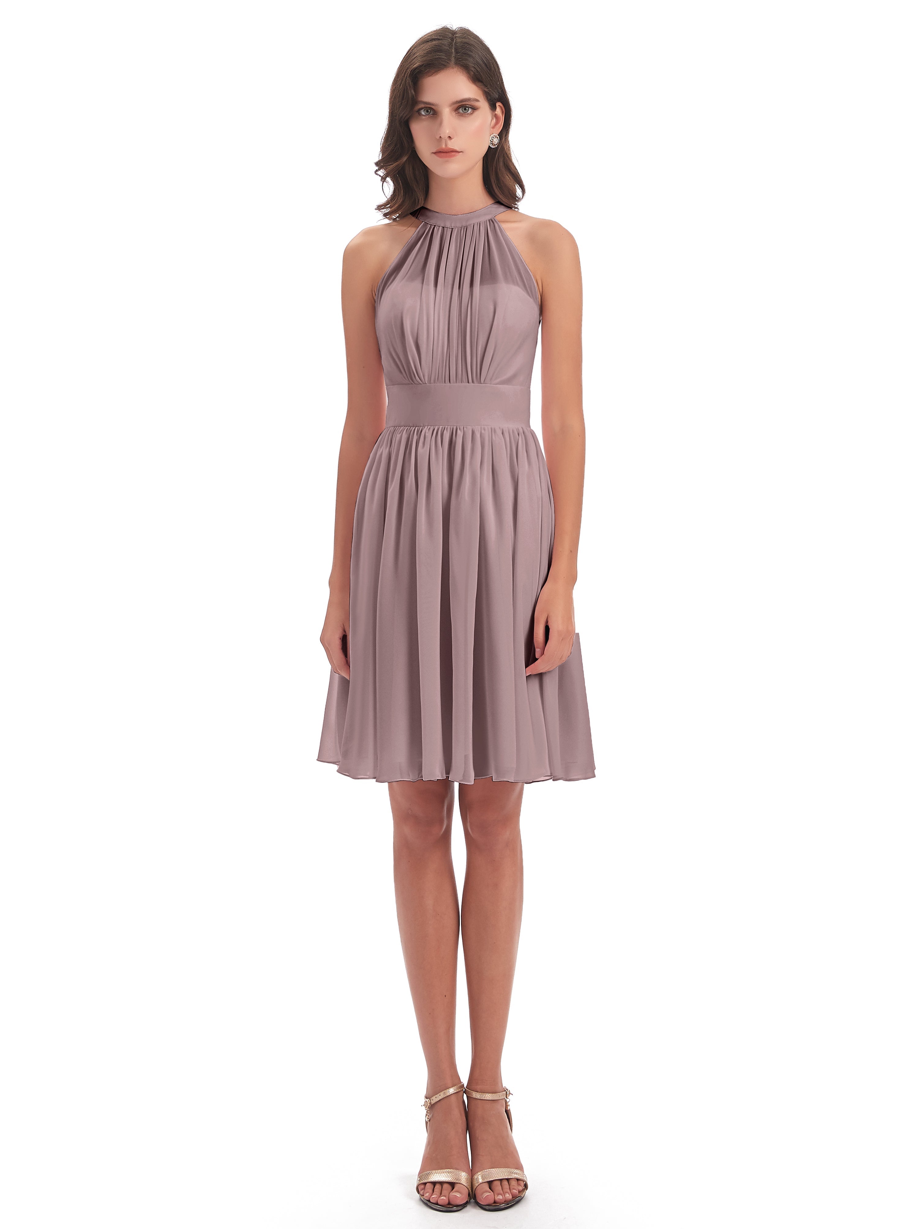 Robes De Demoiselle D'Honneur Vintage Mauve Trapèze Mini Licou Mousseline Courte Robes Demoiselle D'Honneur