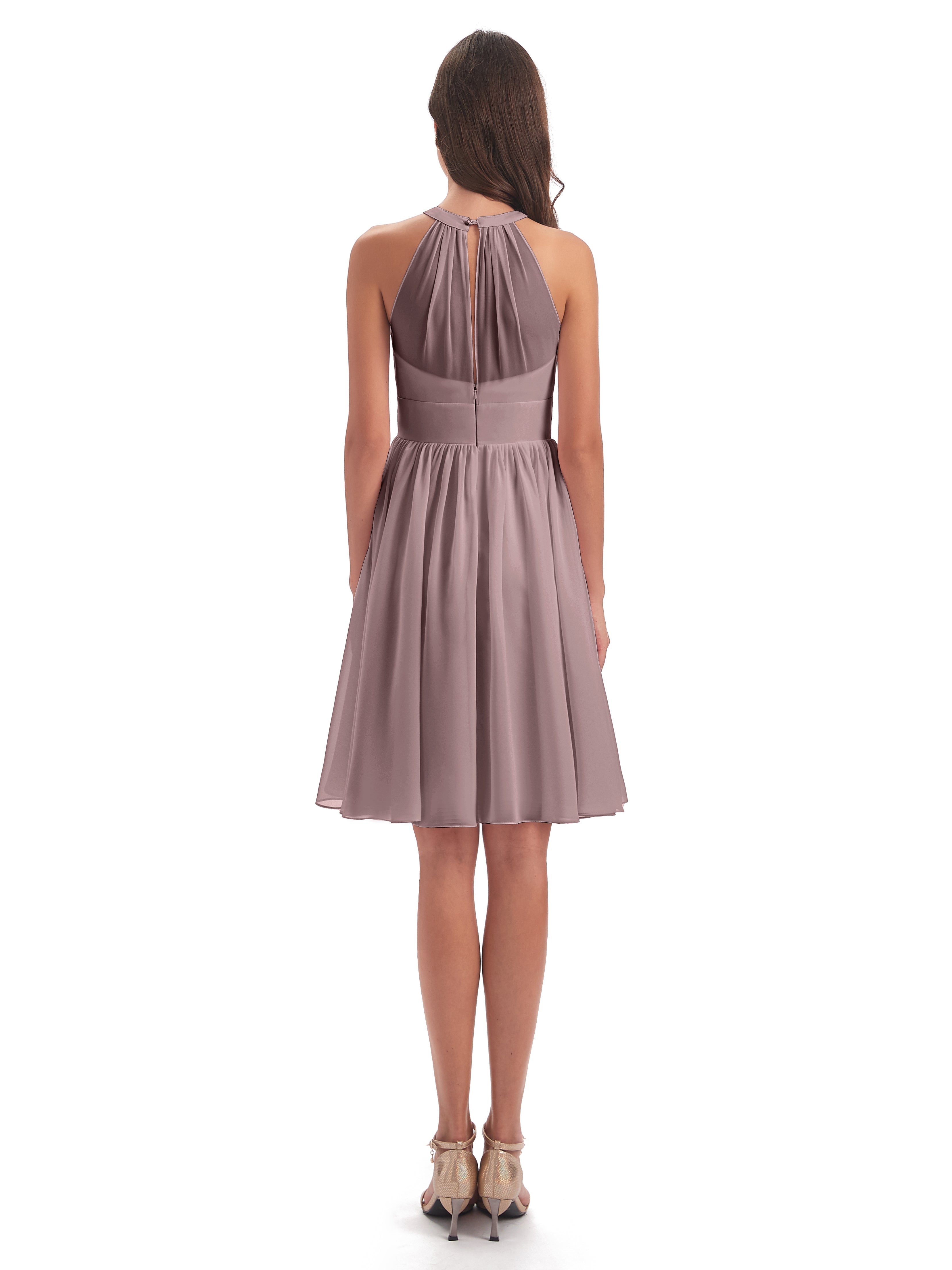 Robes De Demoiselle D'Honneur Vintage Mauve Trapèze Mini Licou Mousseline Courte Robes Demoiselle D'Honneur