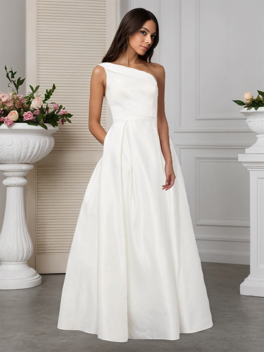 Cicinia Robe de Mariée Longue A-Line en Satin sans Manches Une Épaule Longueur Sol