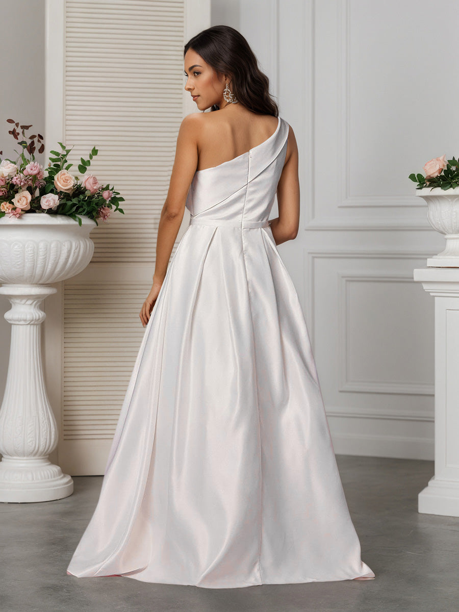 Cicinia Robe de Mariée Longue A-Line en Satin sans Manches Une Épaule Longueur Sol